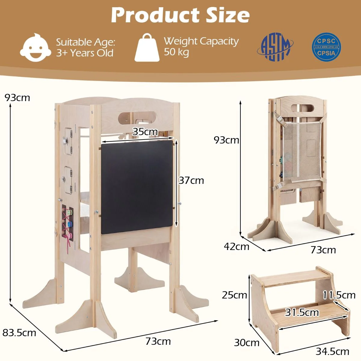 Foldable Learning Tower Toddler Tower with Adjustable Height and Detachable Safety Net - Image 9