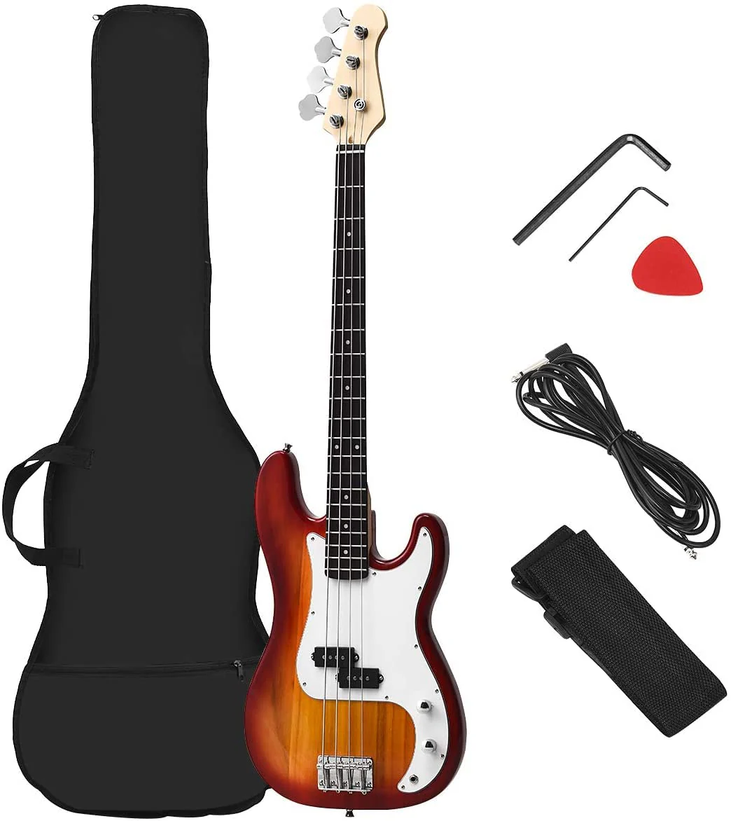 Full Size Electric 4 String Bass Guitar for Beginner Starter Complete Kit, Rose Fingerboard and Bridge, w/2 Pickups & 2 Tone Control, Guitar Bag, Strap, Guitar Pick, Amp Cord