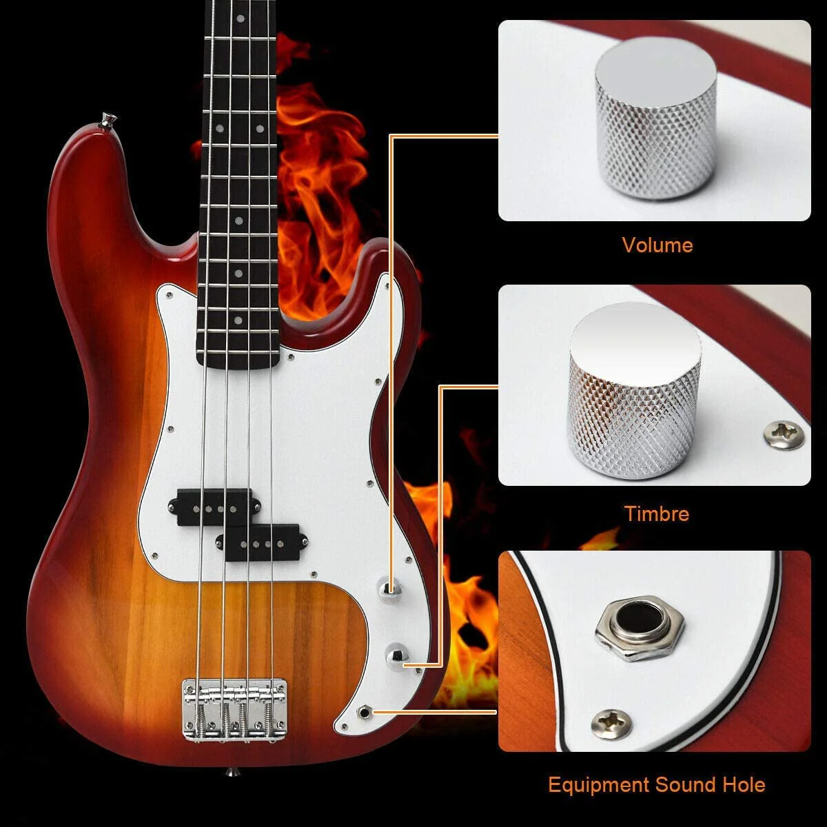 Full Size Electric 4 String Bass Guitar for Beginner Starter Complete Kit, Rose Fingerboard and Bridge, w/2 Pickups & 2 Tone Control, Guitar Bag, Strap, Guitar Pick, Amp Cord - Image 6
