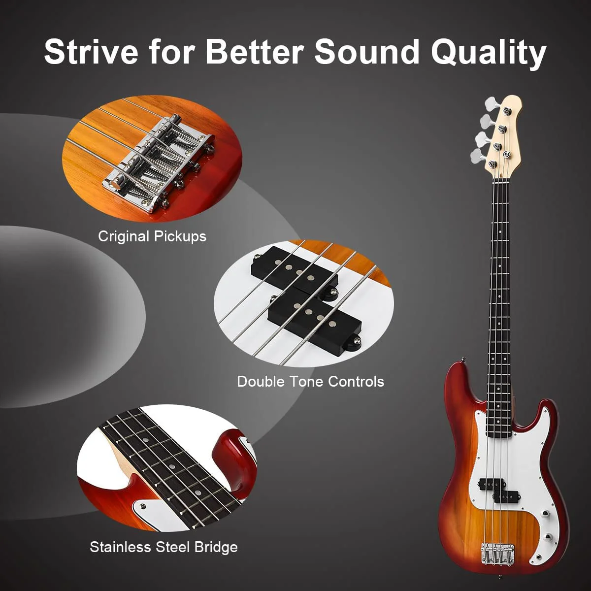 Full Size Electric 4 String Bass Guitar for Beginner Starter Complete Kit, Rose Fingerboard and Bridge, w/2 Pickups & 2 Tone Control, Guitar Bag, Strap, Guitar Pick, Amp Cord - Image 8