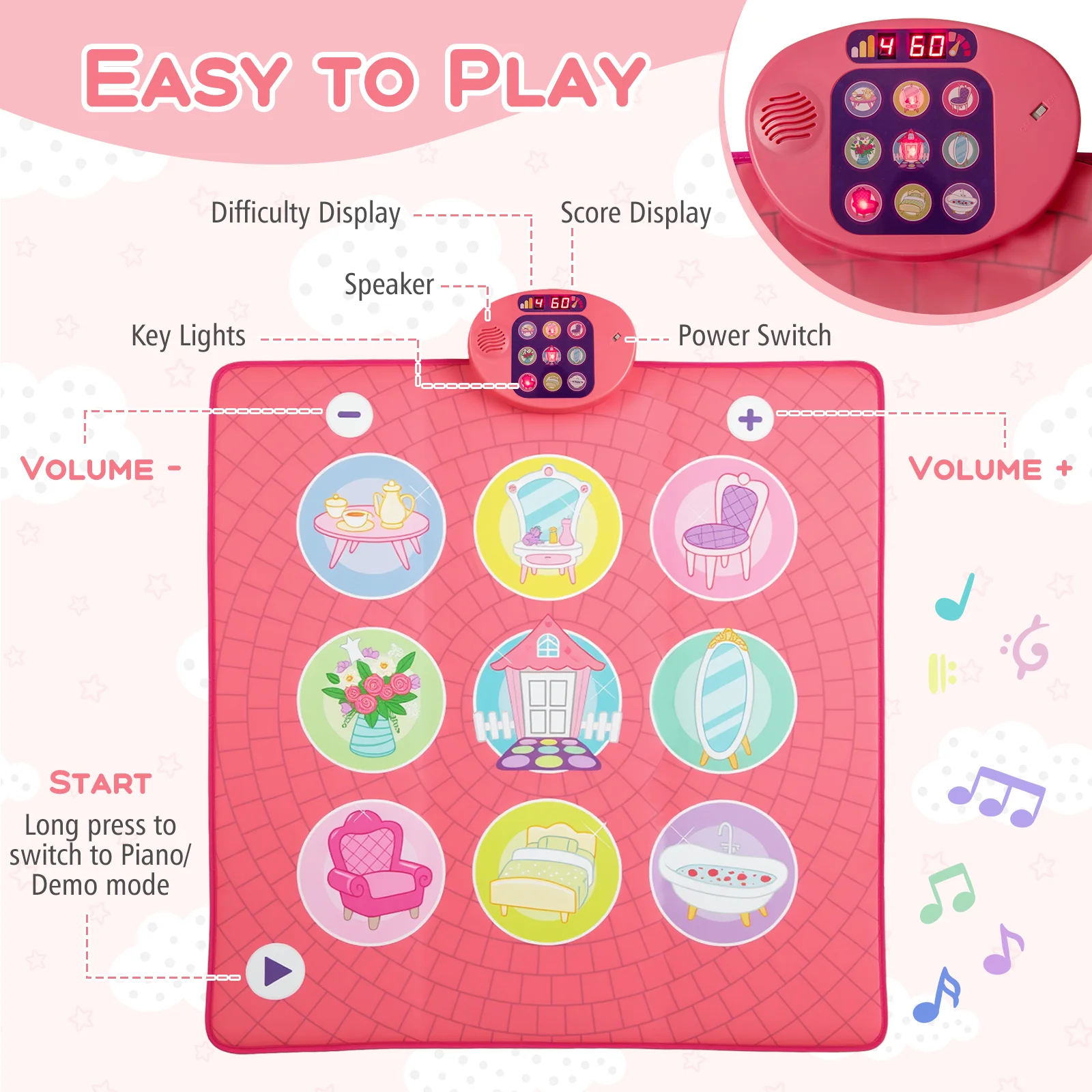 Fun Dance Mat for Kids, Interactive Gift for 3+ Years Old Boys and Girls, Pink - Image 4