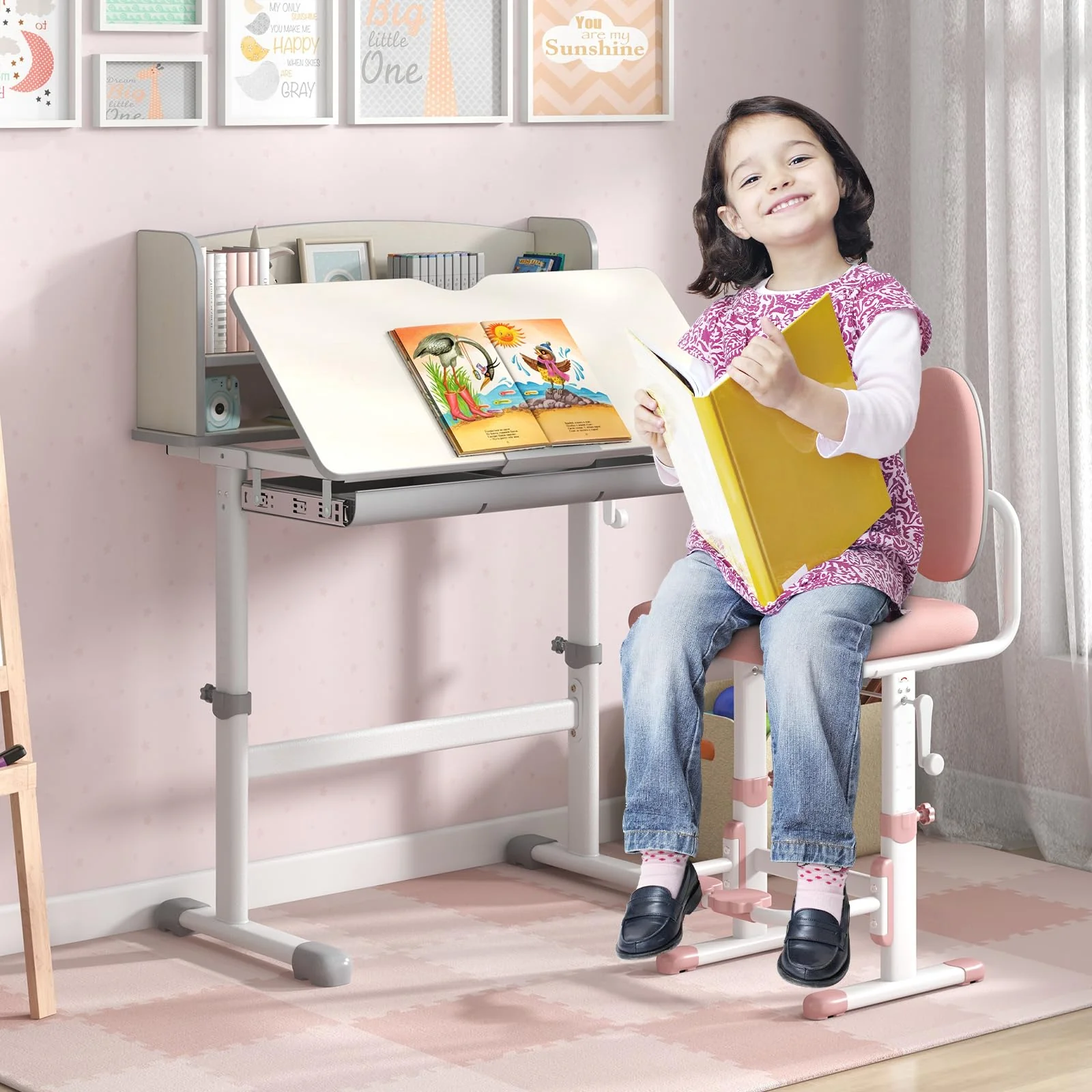 Height Adjustable Children Writing Table w/Tilt Desktop, Home School Student Learning Desk w/Hutch - Image 5