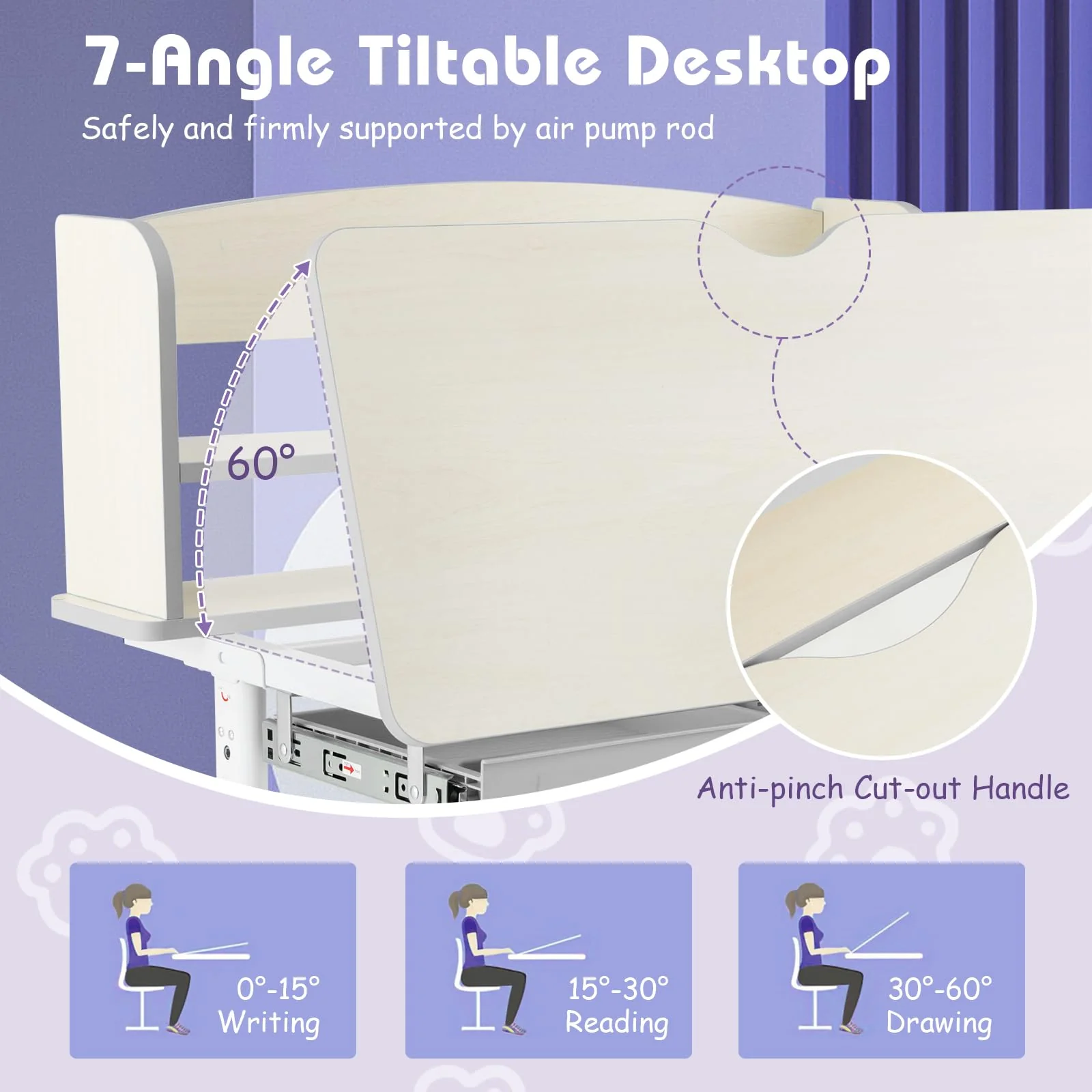 Height Adjustable Children Writing Table w/Tilt Desktop, Home School Student Learning Desk w/Hutch - Image 8