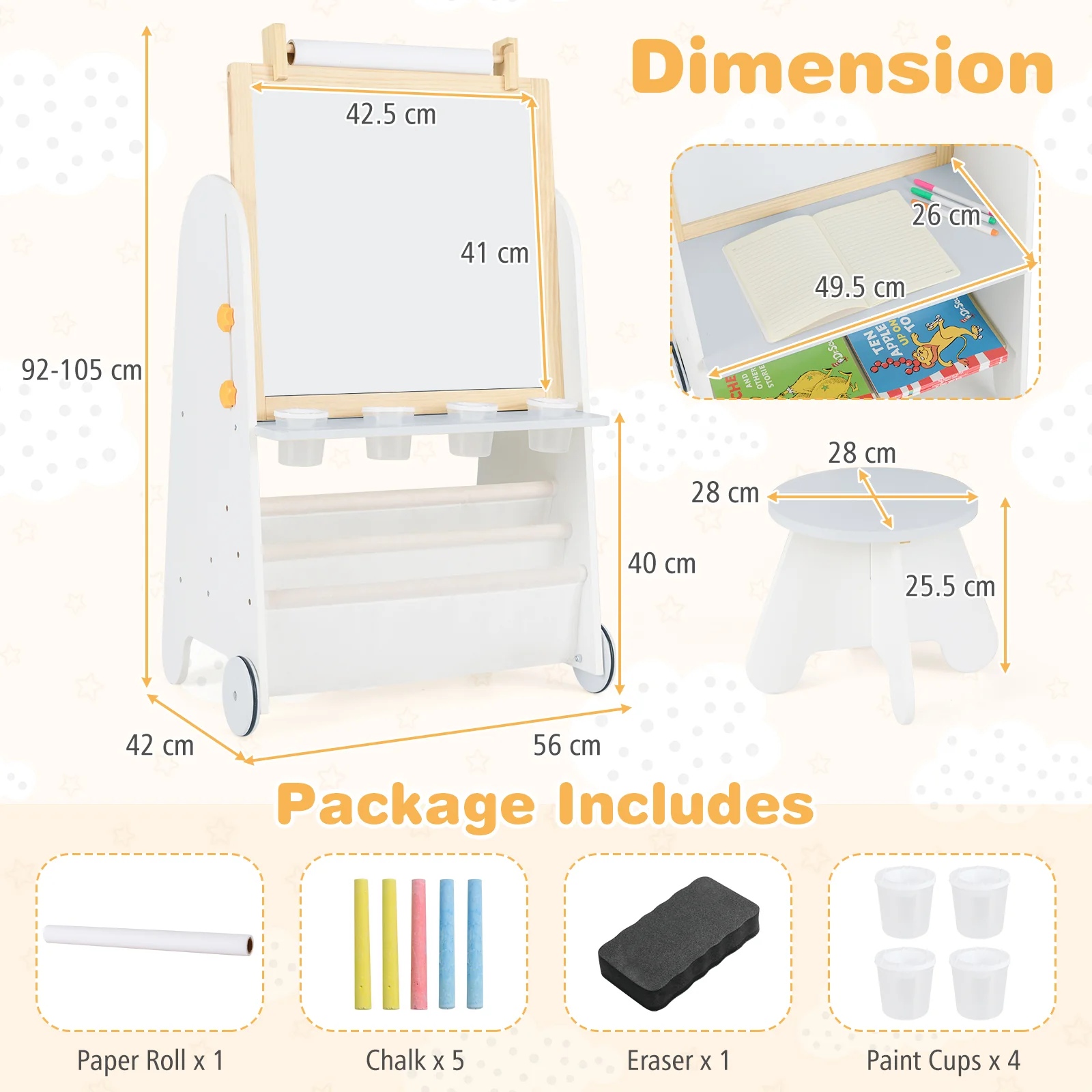 Height Adjustable Kids Art Easel with Stool, 4-in-1 Toddler Activity Table Set with Magnetic Whiteboard, Chalk Board, Bookshelves - Image 10
