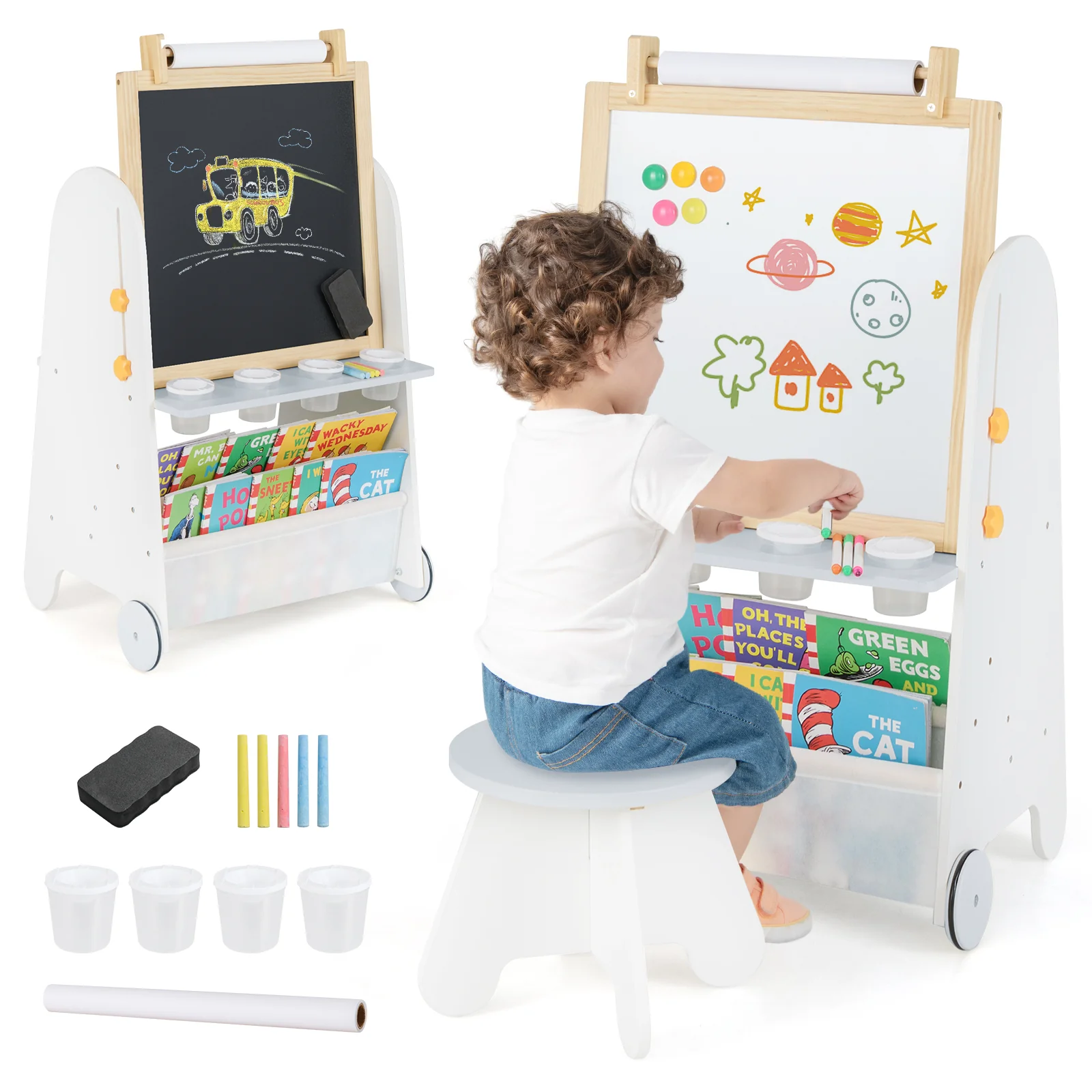 Height Adjustable Kids Art Easel with Stool, 4-in-1 Toddler Activity Table Set with Magnetic Whiteboard, Chalk Board, Bookshelves - Image 11