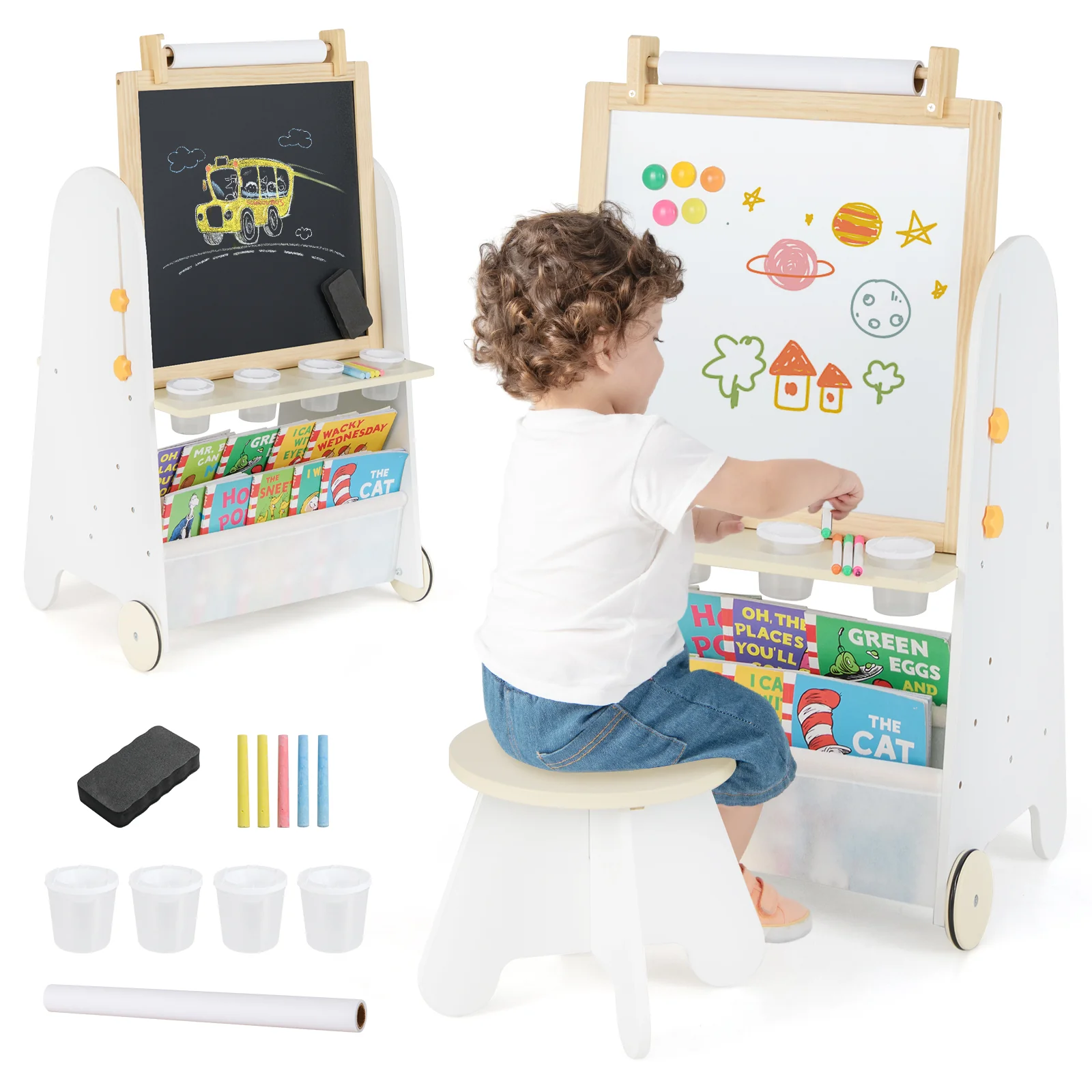 Height Adjustable Kids Art Easel with Stool, 4-in-1 Toddler Activity Table Set with Magnetic Whiteboard, Chalk Board, Bookshelves - Image 12