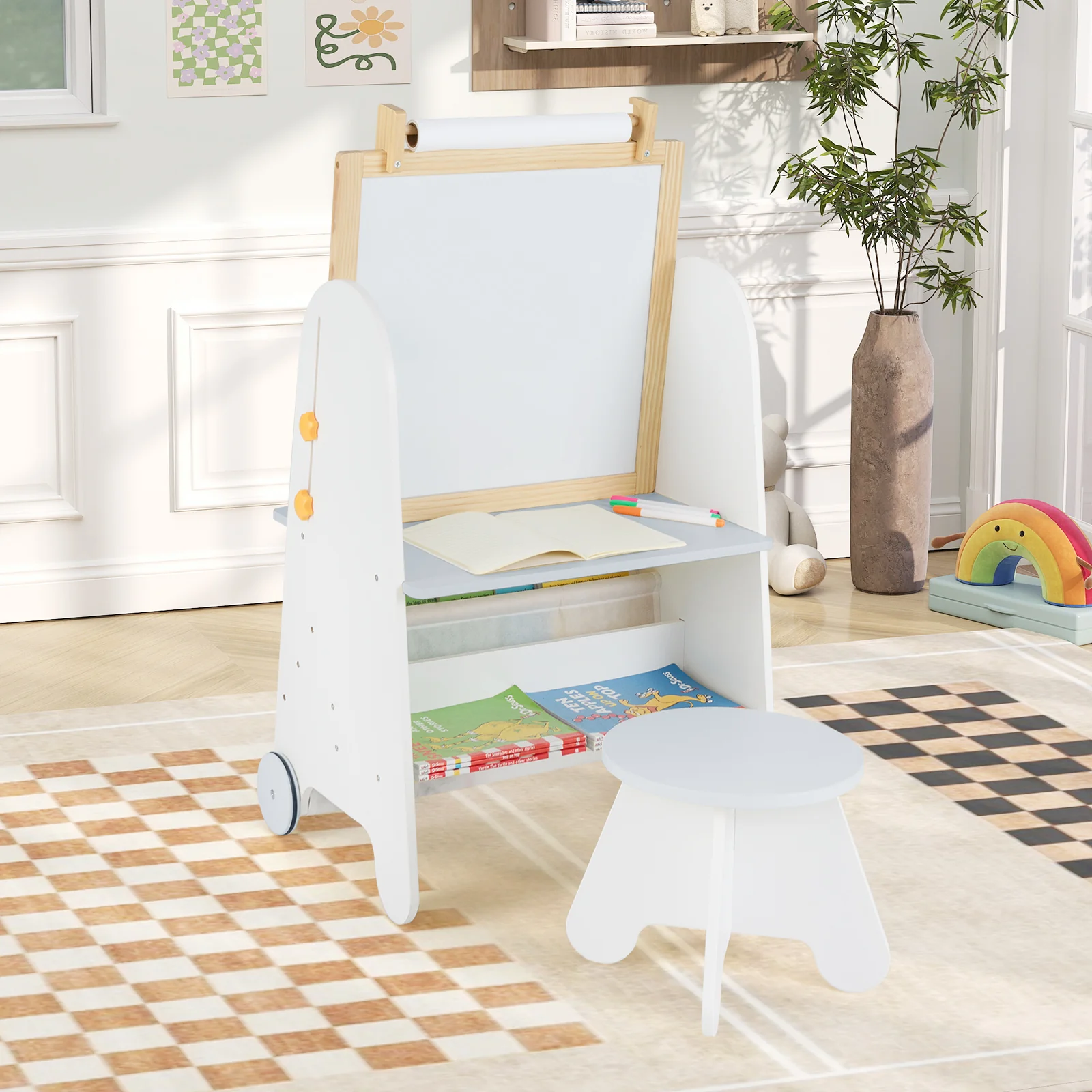 Height Adjustable Kids Art Easel with Stool, 4-in-1 Toddler Activity Table Set with Magnetic Whiteboard, Chalk Board, Bookshelves - Image 3