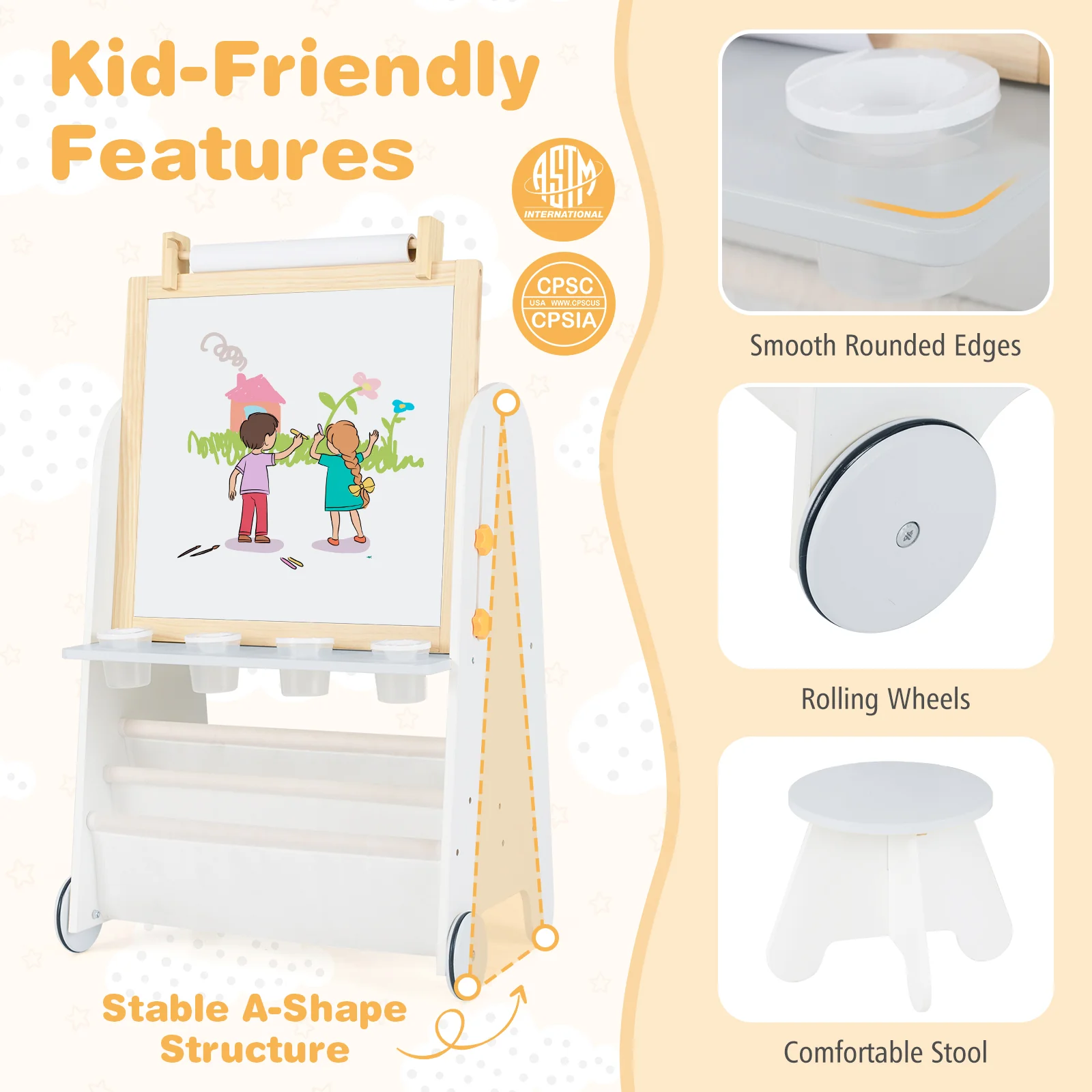 Height Adjustable Kids Art Easel with Stool, 4-in-1 Toddler Activity Table Set with Magnetic Whiteboard, Chalk Board, Bookshelves - Image 4