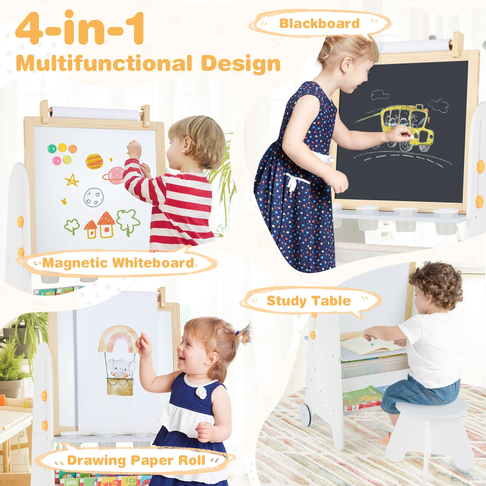 Height Adjustable Kids Art Easel with Stool, 4-in-1 Toddler Activity Table Set with Magnetic Whiteboard, Chalk Board, Bookshelves - Image 5