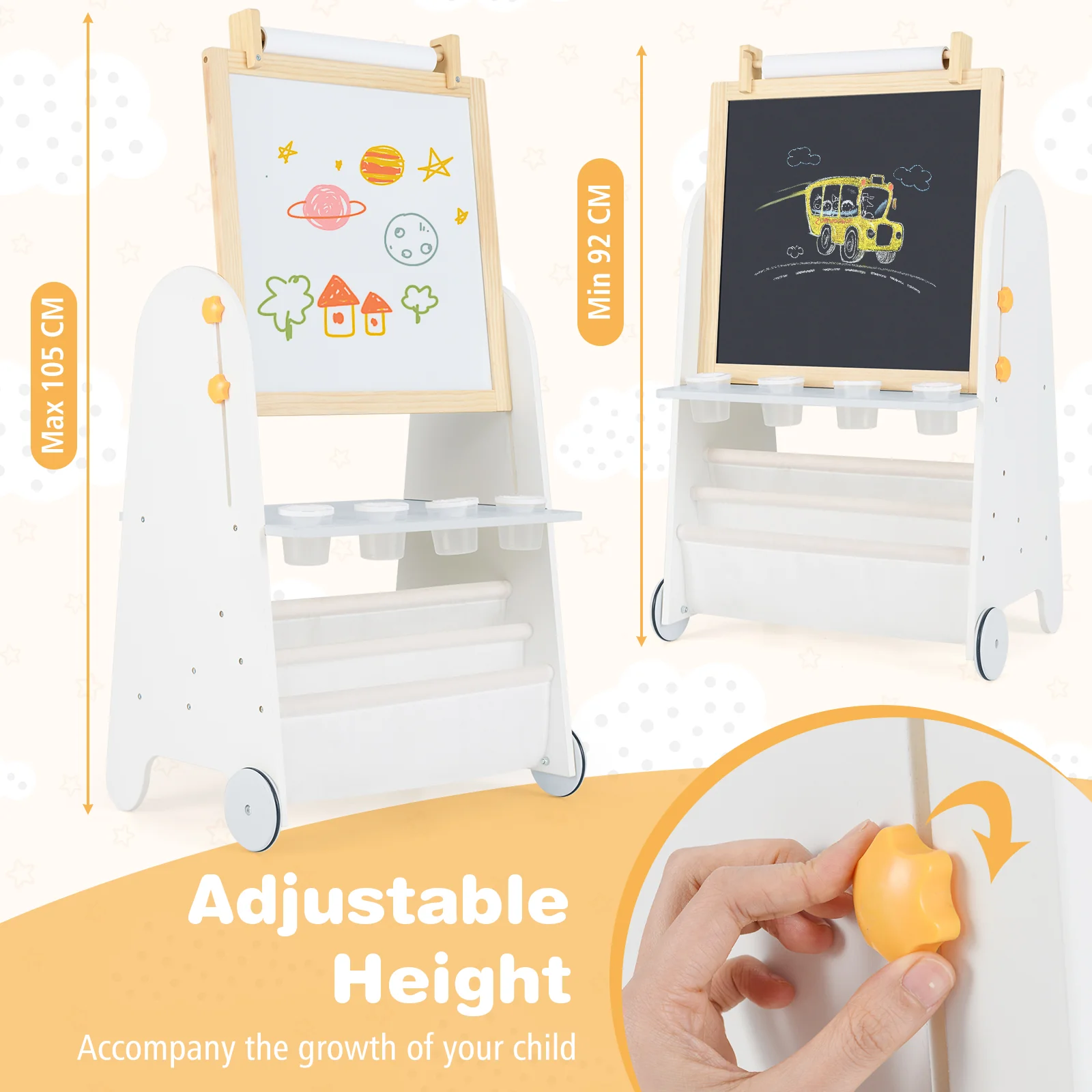 Height Adjustable Kids Art Easel with Stool, 4-in-1 Toddler Activity Table Set with Magnetic Whiteboard, Chalk Board, Bookshelves - Image 6