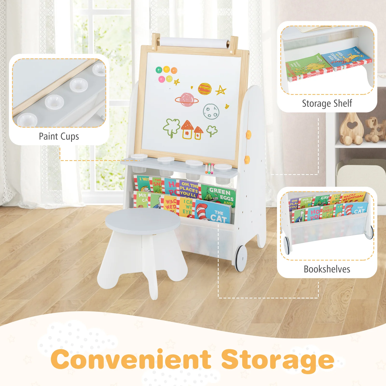 Height Adjustable Kids Art Easel with Stool, 4-in-1 Toddler Activity Table Set with Magnetic Whiteboard, Chalk Board, Bookshelves - Image 7