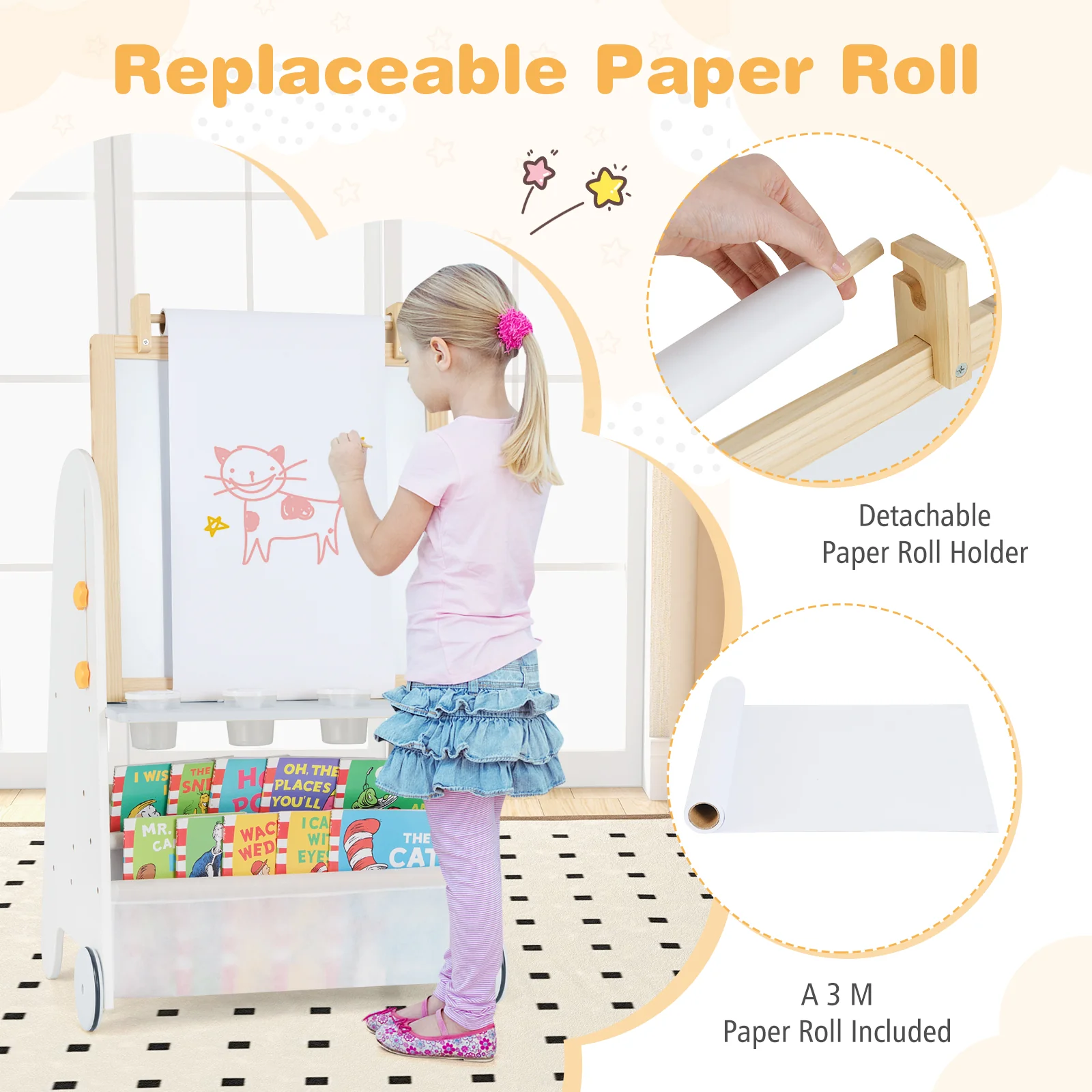 Height Adjustable Kids Art Easel with Stool, 4-in-1 Toddler Activity Table Set with Magnetic Whiteboard, Chalk Board, Bookshelves - Image 8