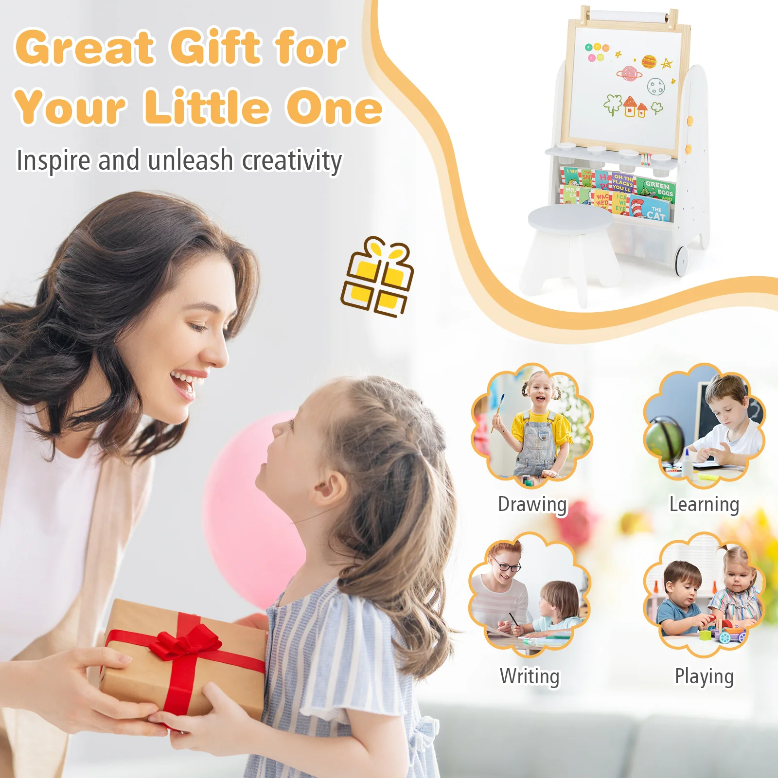 Height Adjustable Kids Art Easel with Stool, 4-in-1 Toddler Activity Table Set with Magnetic Whiteboard, Chalk Board, Bookshelves - Image 9