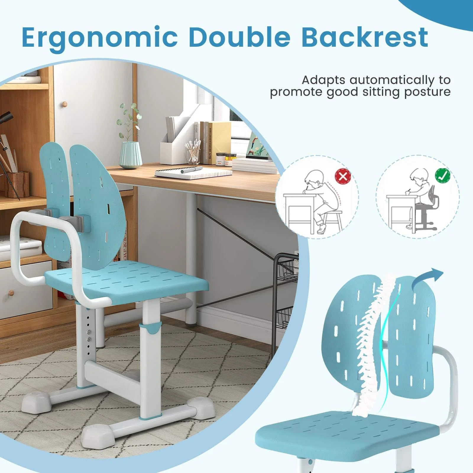 Height-Adjustable Kids Desk Chair, Children Study Chair w/Double Back Support & Breathable Seat - Image 8