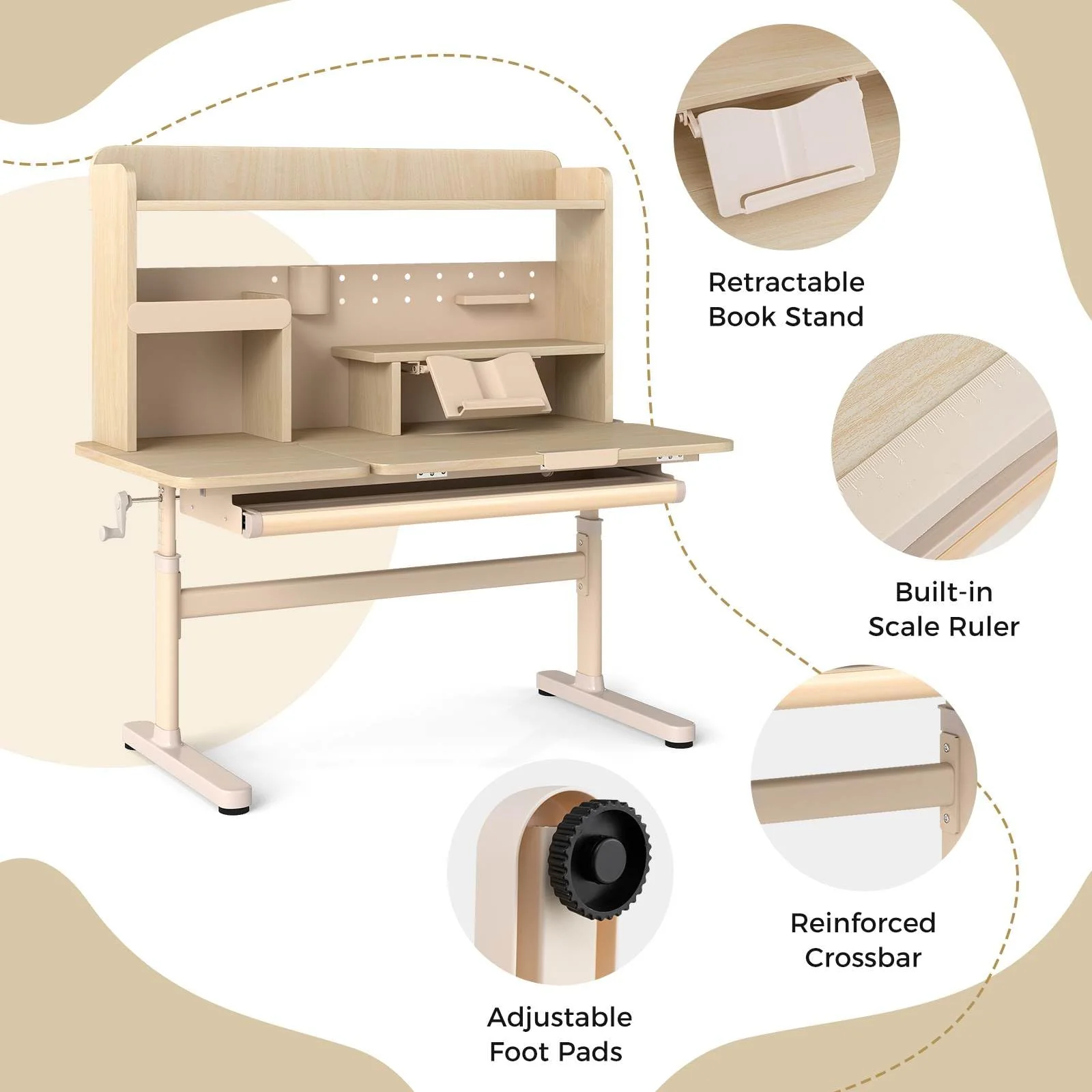 Height Adjustable Writing Table with Tilt Retractable Book Stand - Image 7