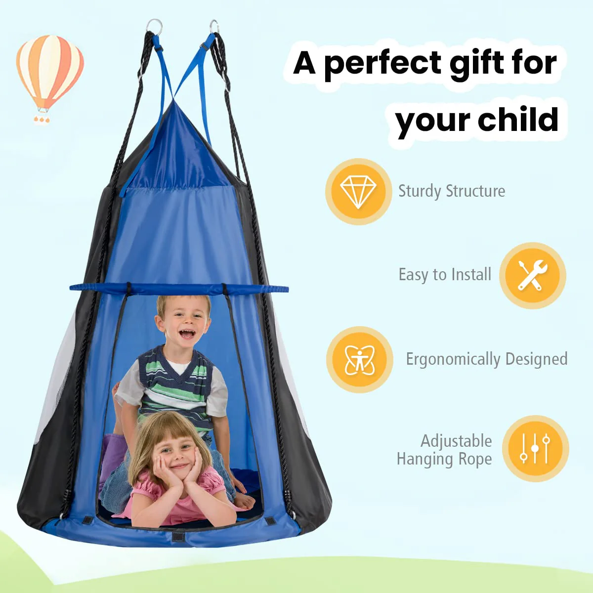 HONEY JOY 100CM Kids Detachable Hanging Chair Swing Tent, 2 in 1 Hammock Nest Pod Hanging Swing Seat - Image 4