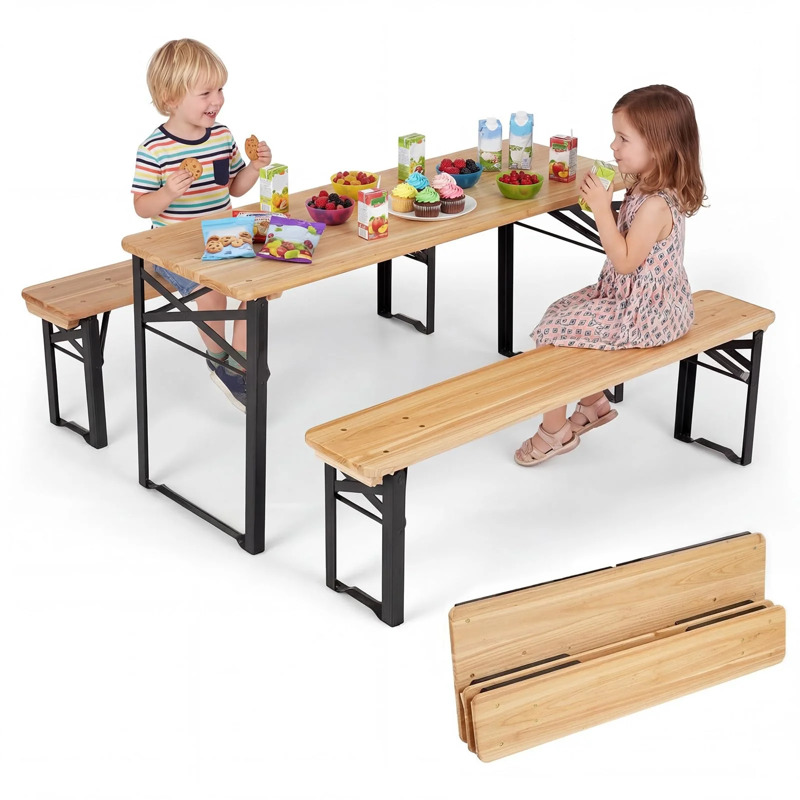 HONEY JOY 110 CM Folding Kids Picnic Table & Bench Set, No Assembly Wooden Toddler Table