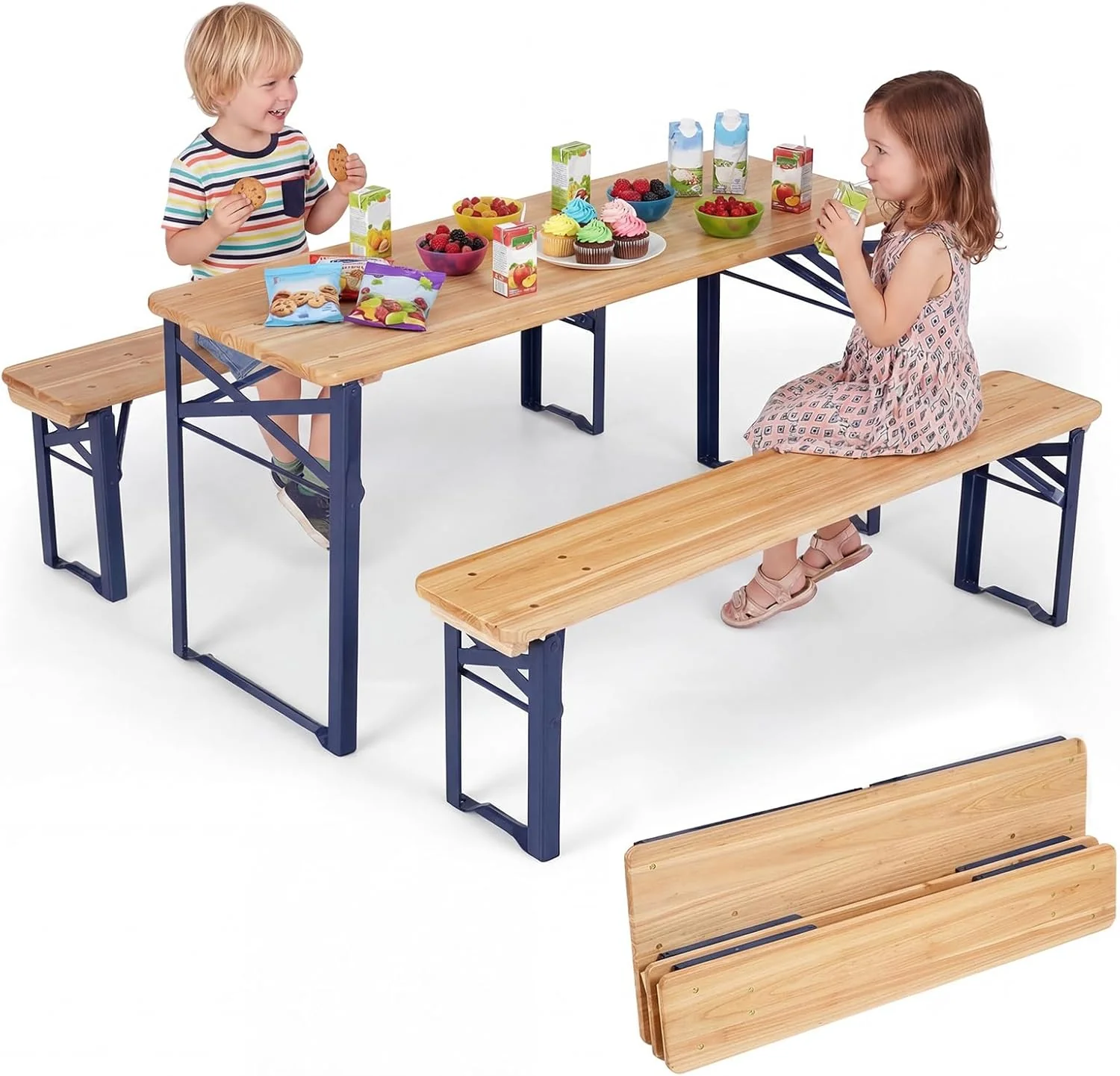 HONEY JOY 110 CM Folding Kids Picnic Table & Bench Set, No Assembly Wooden Toddler Table - Image 10