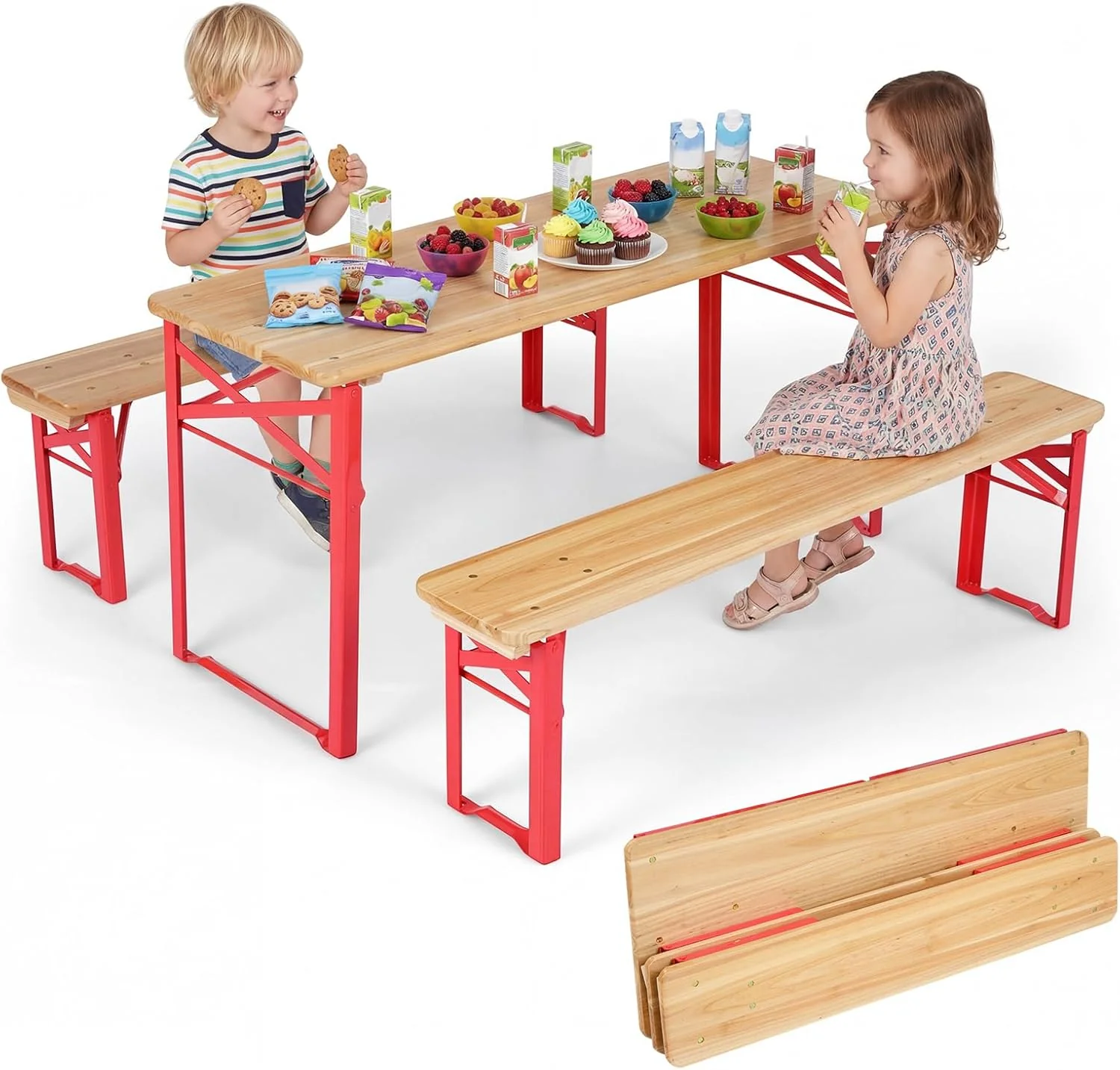 HONEY JOY 110 CM Folding Kids Picnic Table & Bench Set, No Assembly Wooden Toddler Table - Image 11