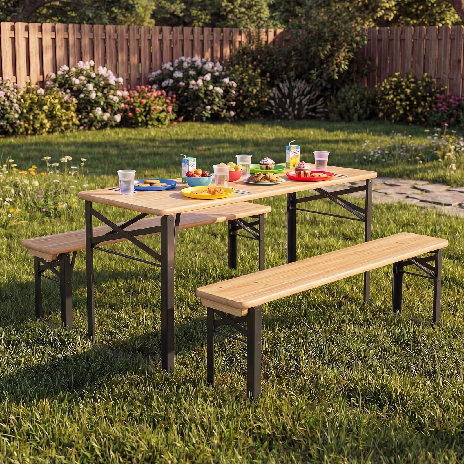 HONEY JOY 110 CM Folding Kids Picnic Table & Bench Set, No Assembly Wooden Toddler Table - Image 2