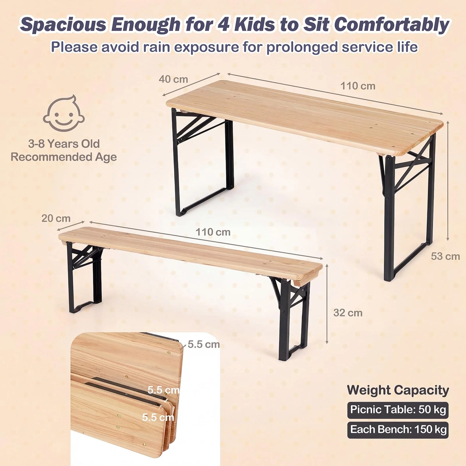 HONEY JOY 110 CM Folding Kids Picnic Table & Bench Set, No Assembly Wooden Toddler Table - Image 3