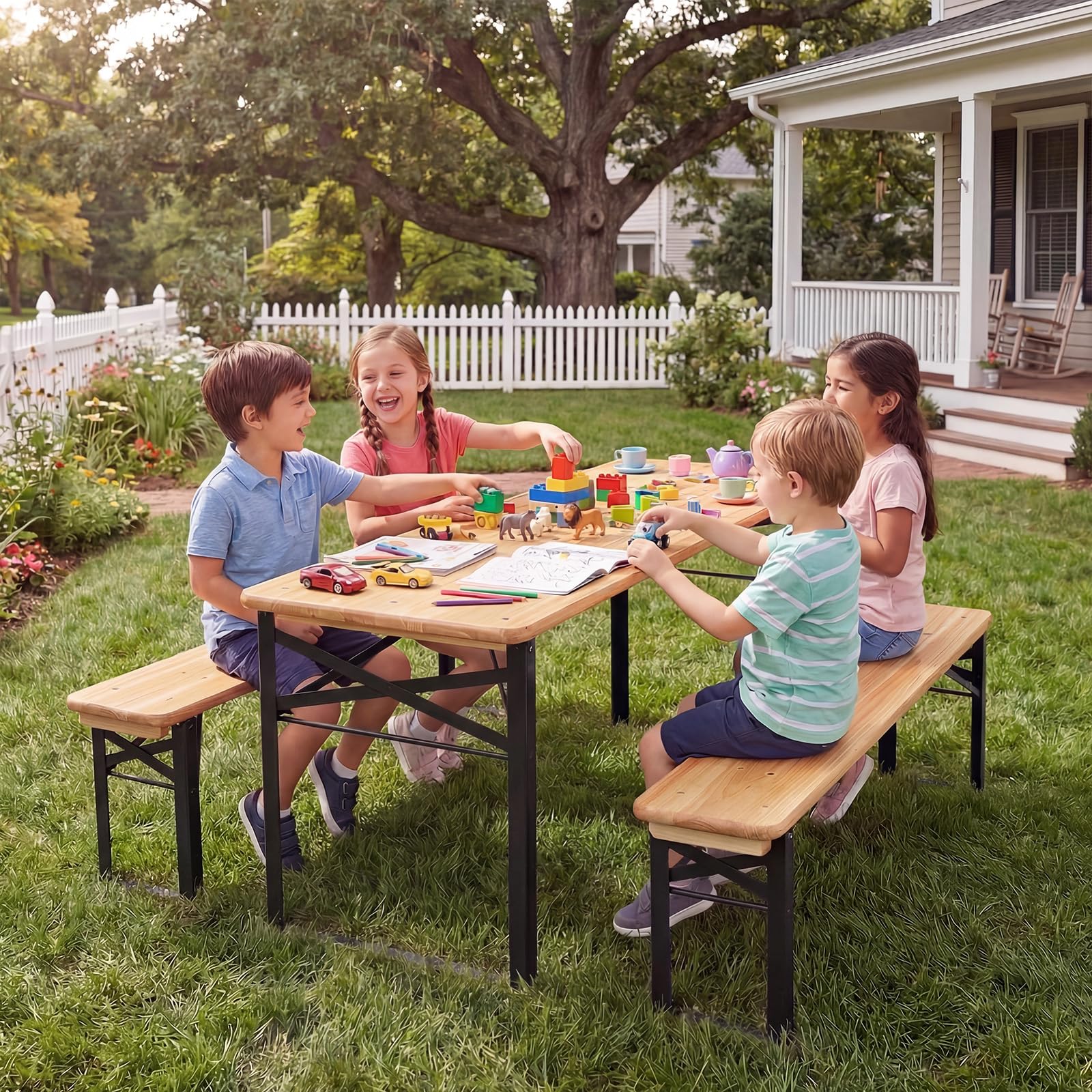 HONEY JOY 110 CM Folding Kids Picnic Table & Bench Set, No Assembly Wooden Toddler Table - Image 4
