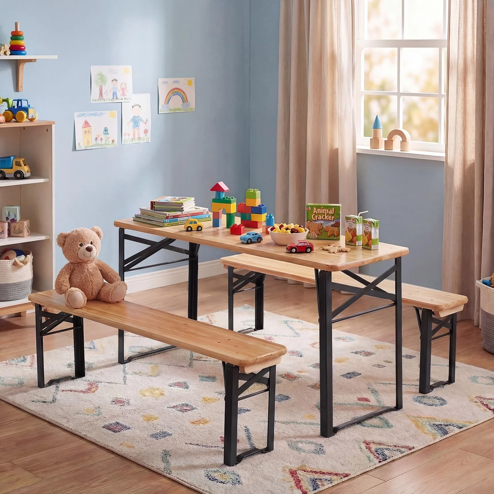 HONEY JOY 110 CM Folding Kids Picnic Table & Bench Set, No Assembly Wooden Toddler Table - Image 5