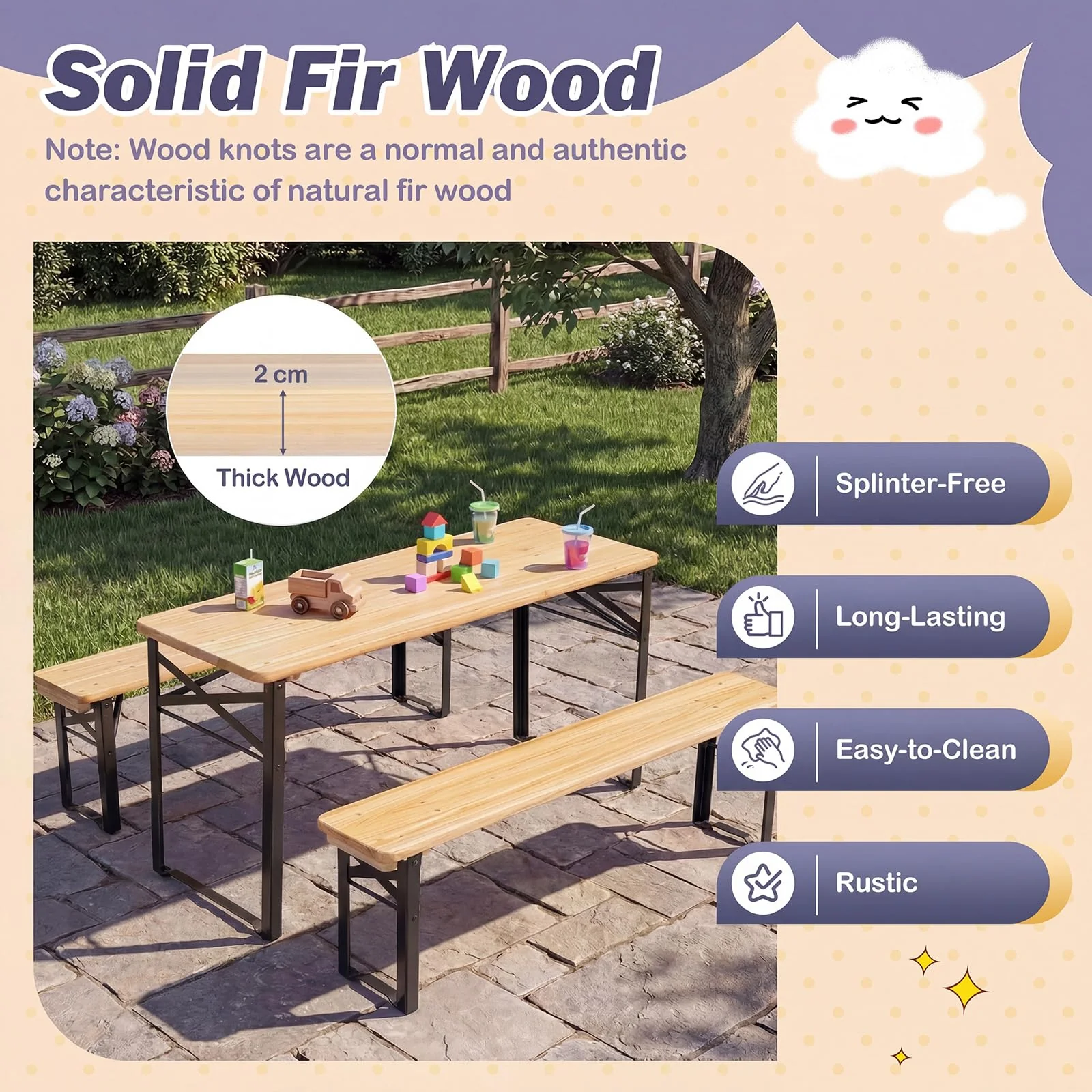 HONEY JOY 110 CM Folding Kids Picnic Table & Bench Set, No Assembly Wooden Toddler Table - Image 7