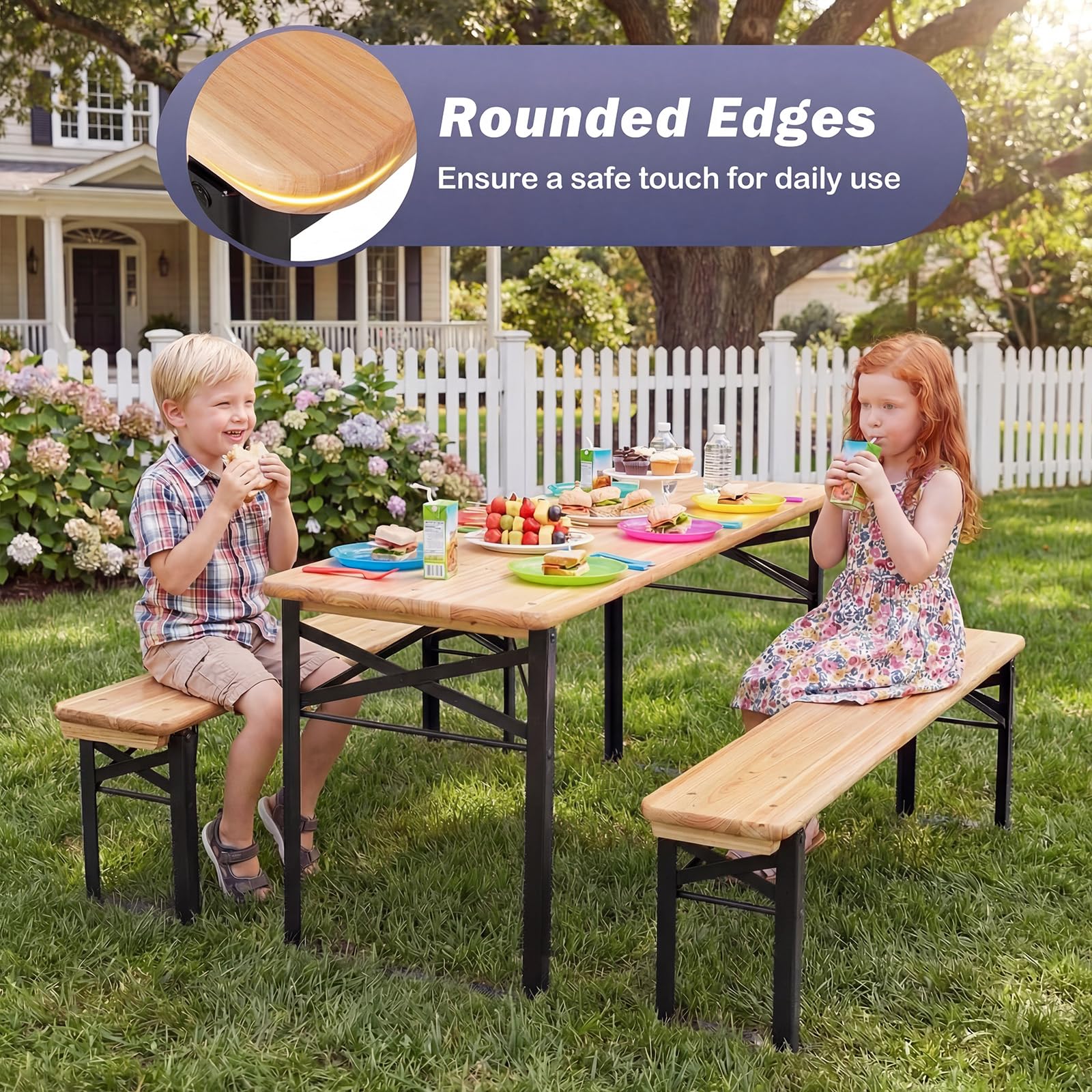 HONEY JOY 110 CM Folding Kids Picnic Table & Bench Set, No Assembly Wooden Toddler Table - Image 8