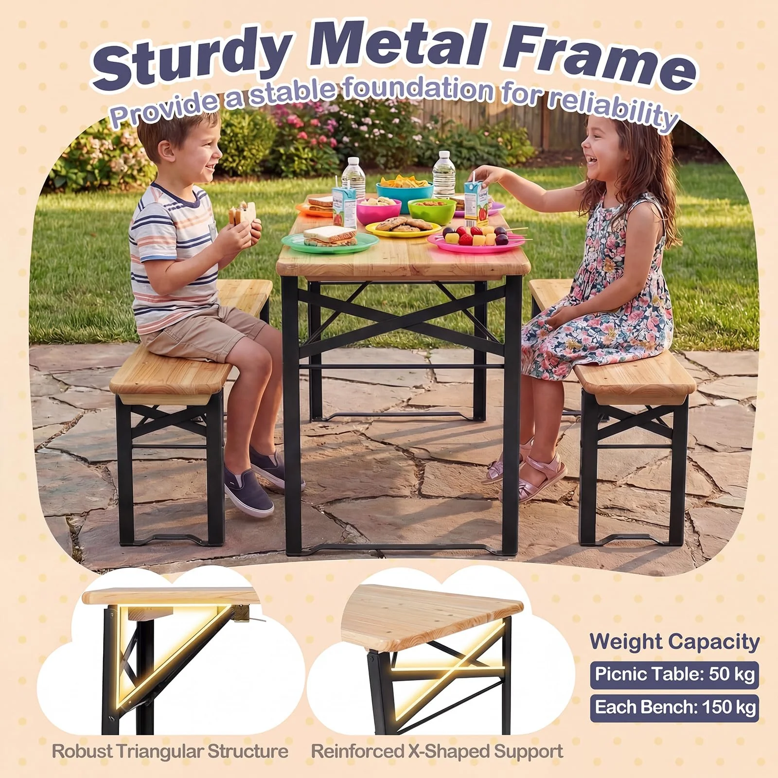 HONEY JOY 110 CM Folding Kids Picnic Table & Bench Set, No Assembly Wooden Toddler Table - Image 9