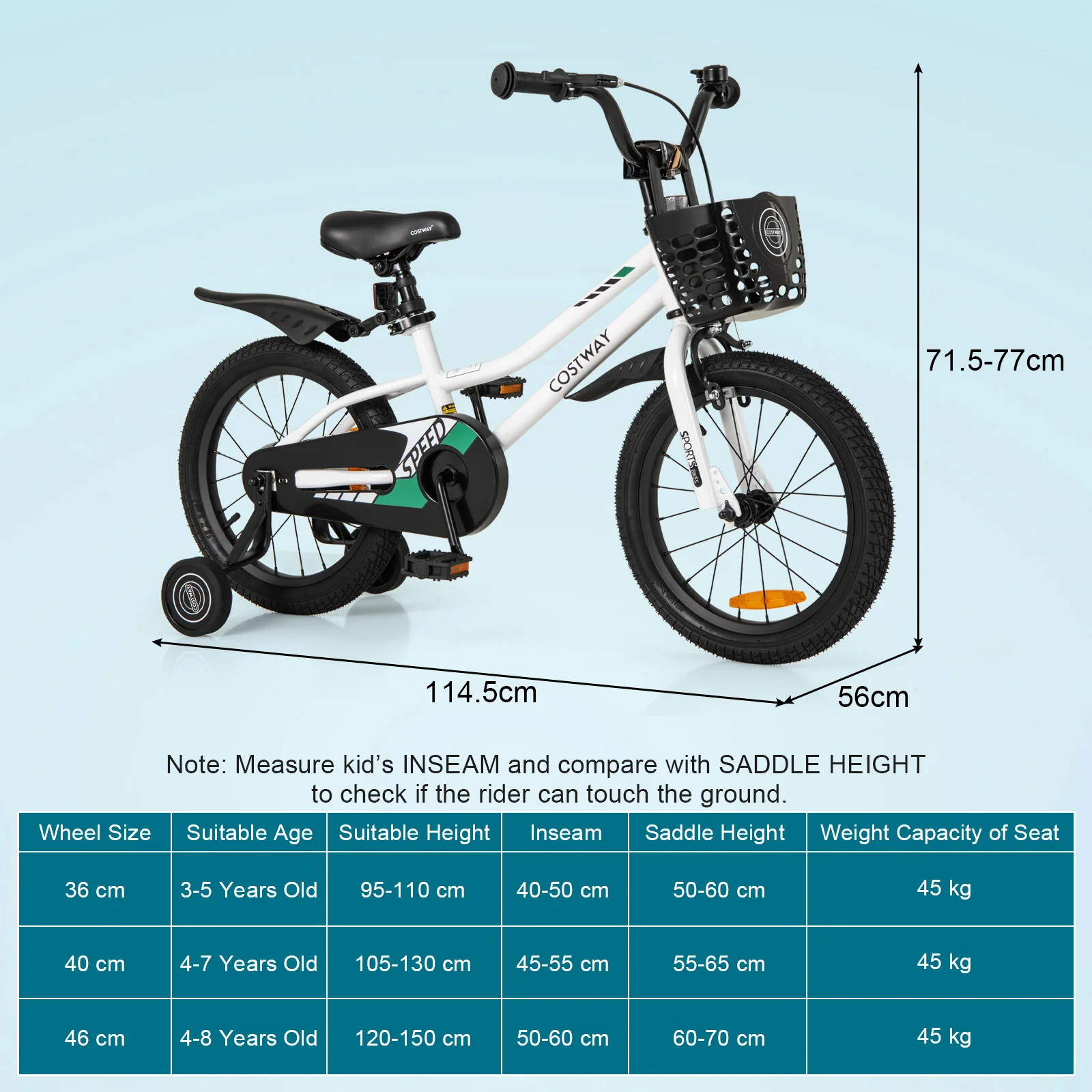 HONEY JOY 14 16 Inch Kids Bike, Toddler Bike with Training Wheels, Adjustable Seat & Handlebar, Basket - Image 11