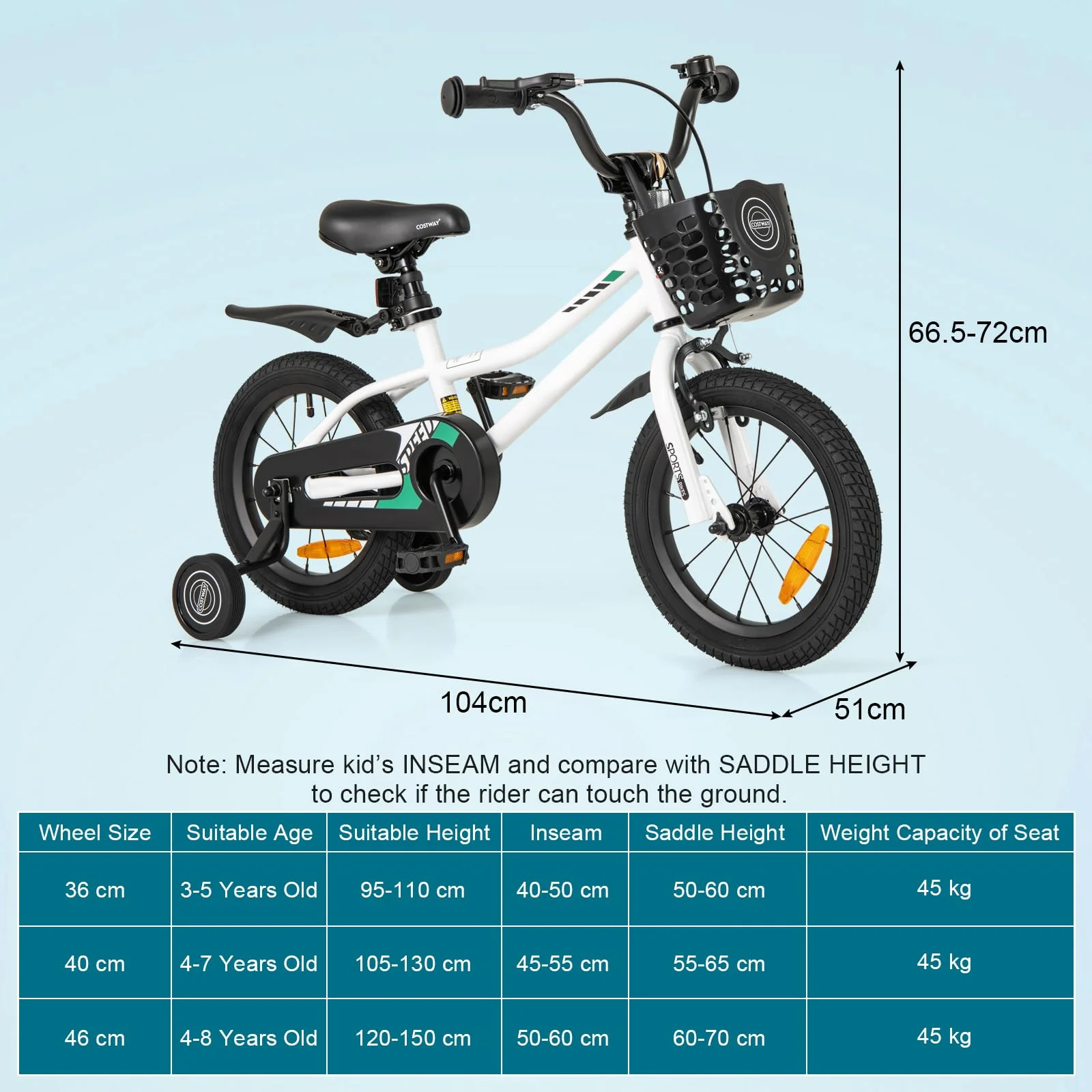 HONEY JOY 14 16 Inch Kids Bike, Toddler Bike with Training Wheels, Adjustable Seat & Handlebar, Basket - Image 3
