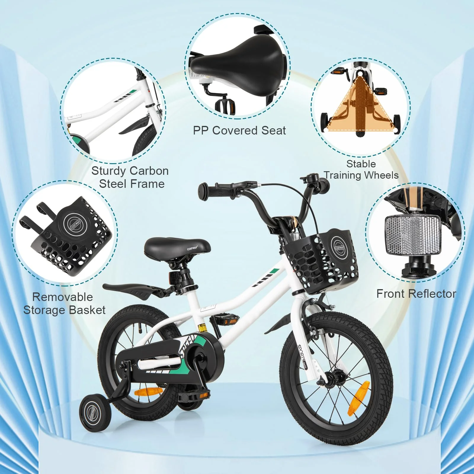 HONEY JOY 14 16 Inch Kids Bike, Toddler Bike with Training Wheels, Adjustable Seat & Handlebar, Basket - Image 5