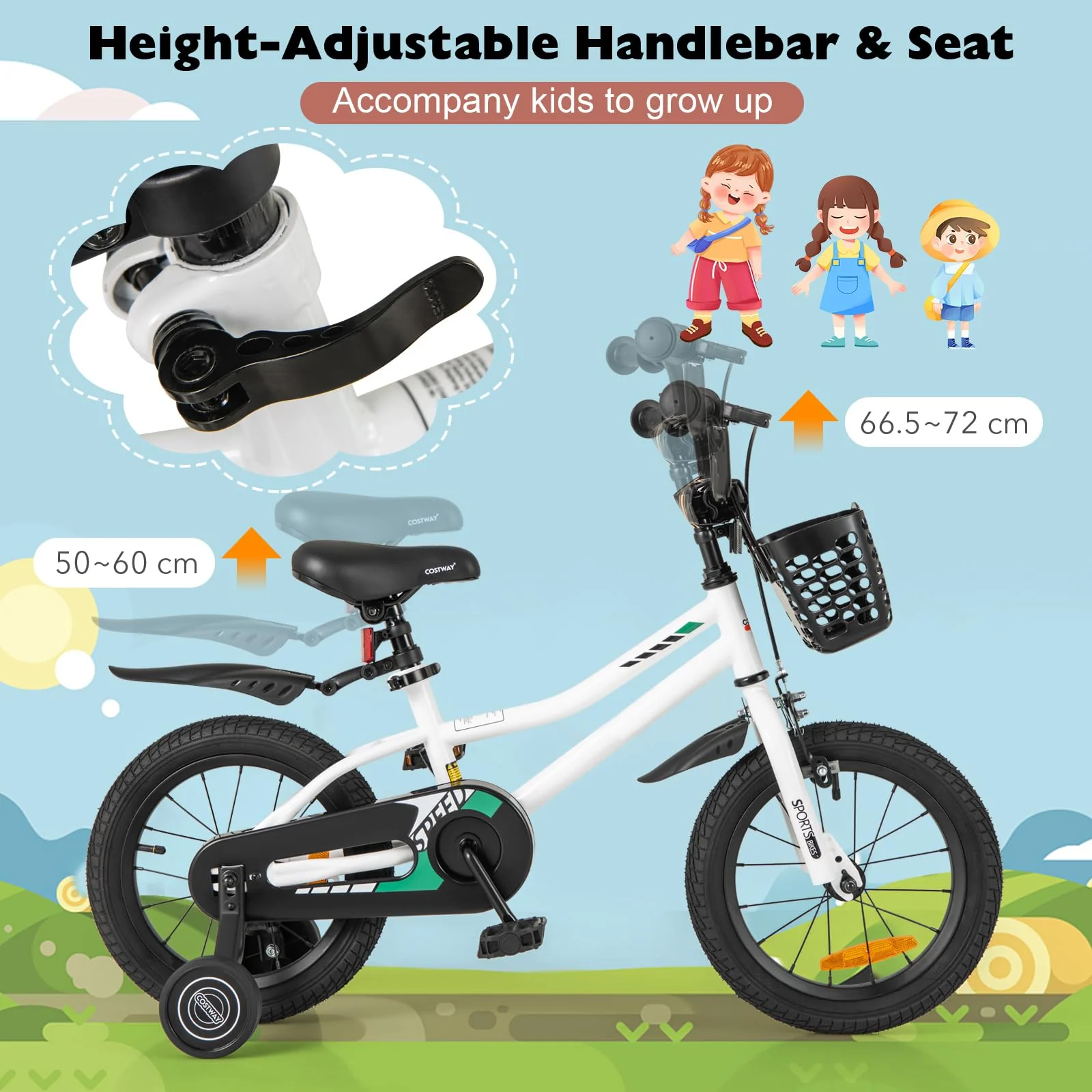 HONEY JOY 14 16 Inch Kids Bike, Toddler Bike with Training Wheels, Adjustable Seat & Handlebar, Basket - Image 7