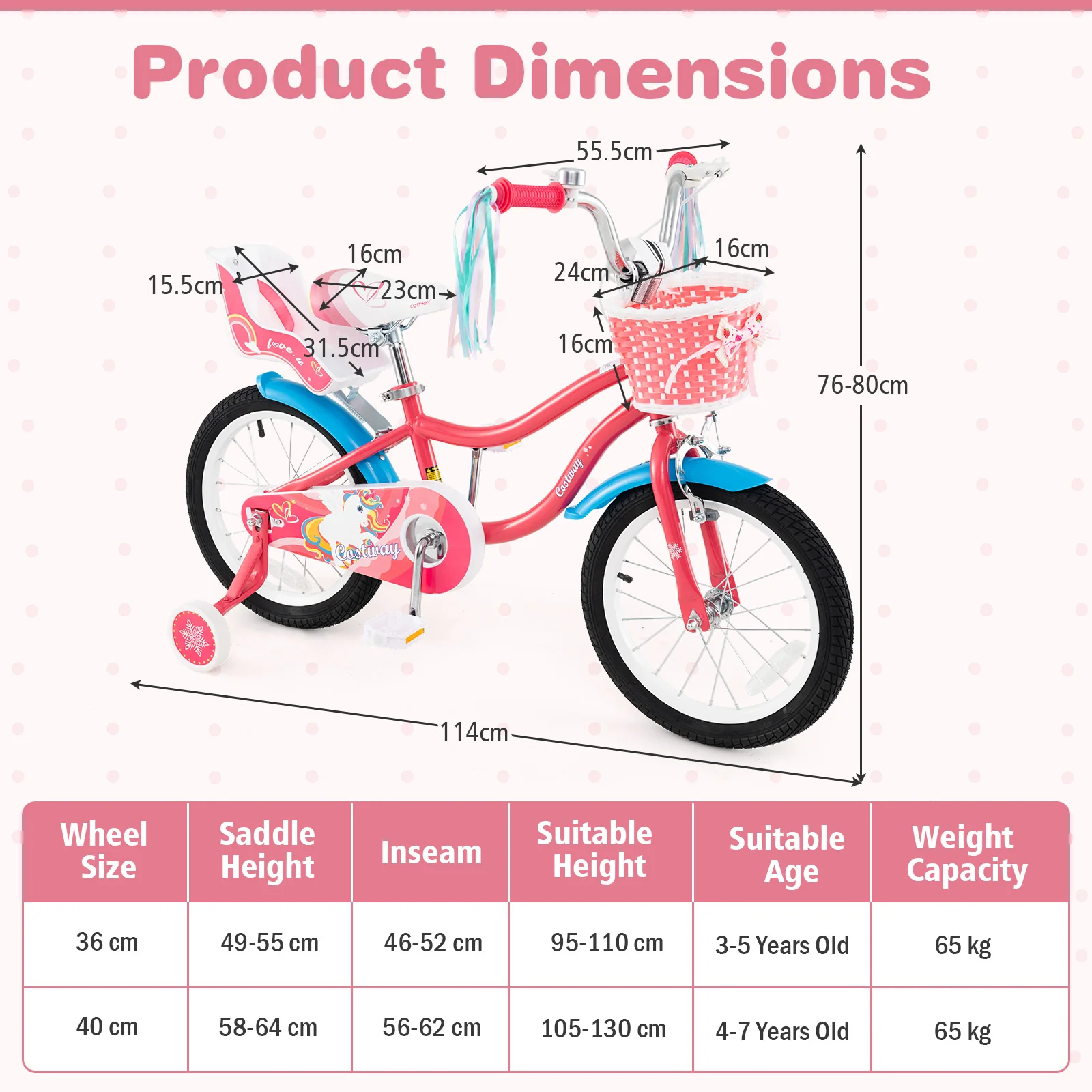 HONEY JOY 14"/16" Kids Bike Ride On Bicycle Training Wheels w/Basket 3-5 Years - Image 11