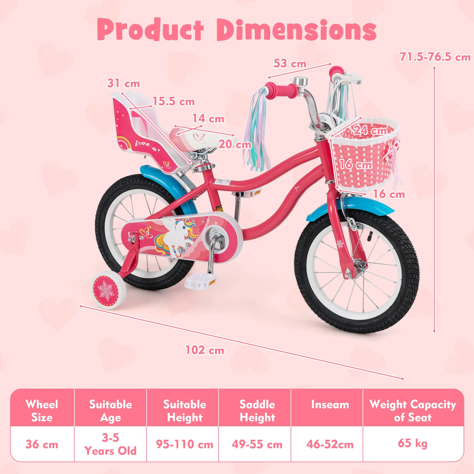 HONEY JOY 14"/16" Kids Bike Ride On Bicycle Training Wheels w/Basket 3-5 Years - Image 3