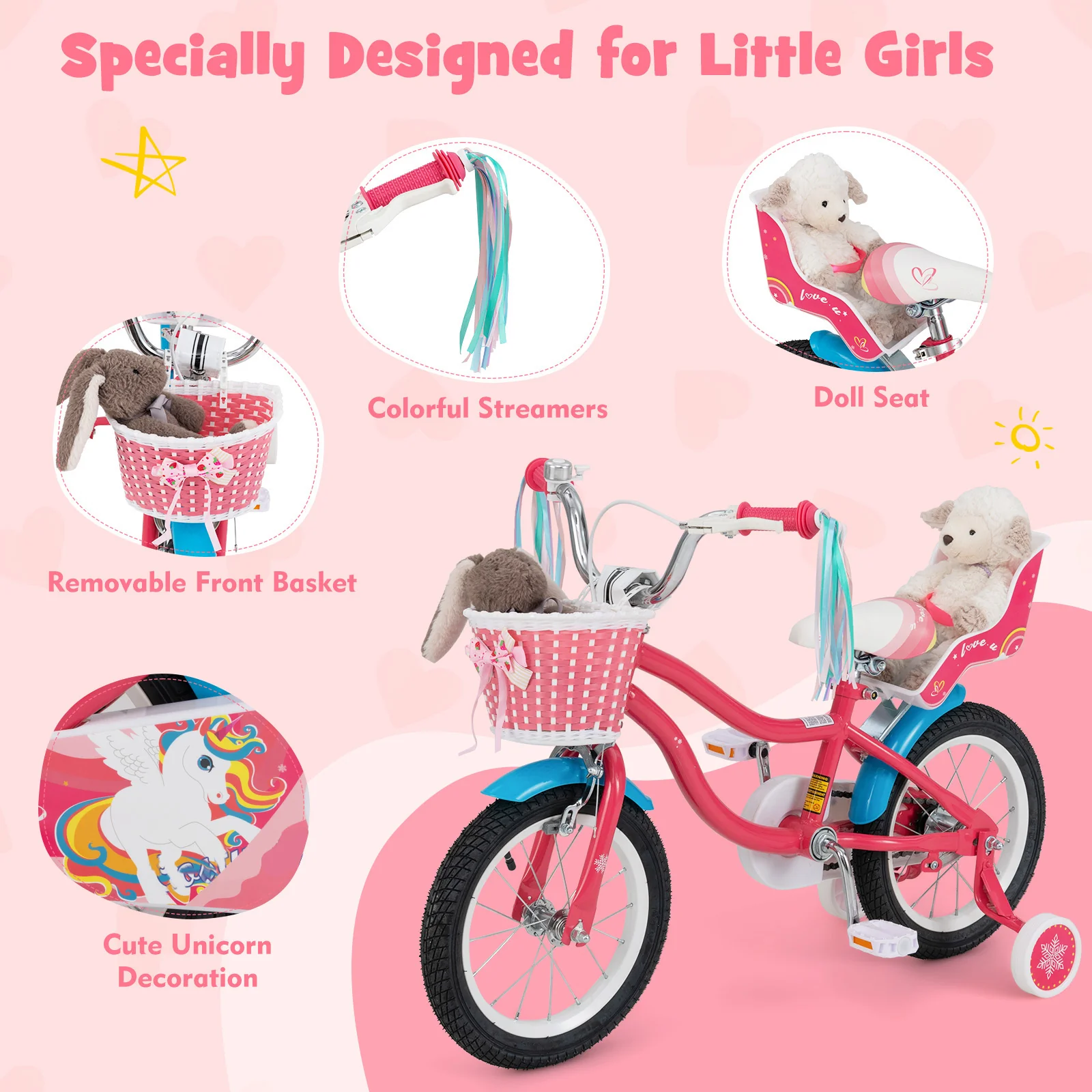 HONEY JOY 14"/16" Kids Bike Ride On Bicycle Training Wheels w/Basket 3-5 Years - Image 7