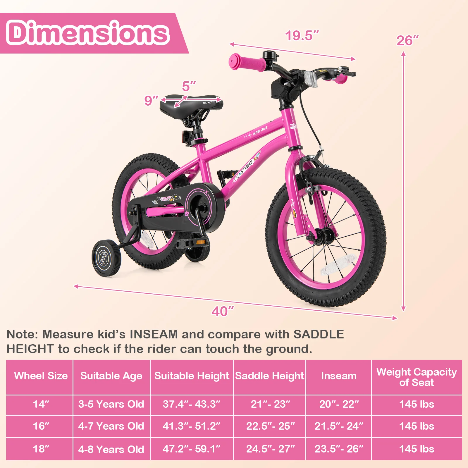 HONEY JOY 14 16 18 Inch Kid’s Bike Bicycle Removable Training Wheels for 3-8 Years - Image 6