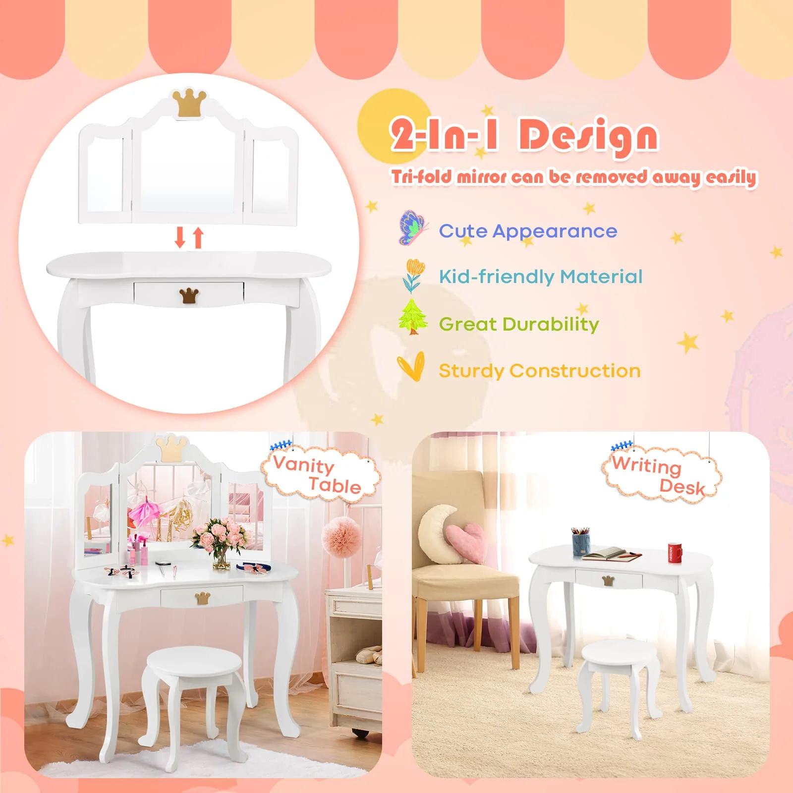 HONEY JOY 2-in-1 Kids Dressing Table & Stool Set, Toddler Wooden Vanity Table with Tri-Fold Mirror & Drawer - Image 2
