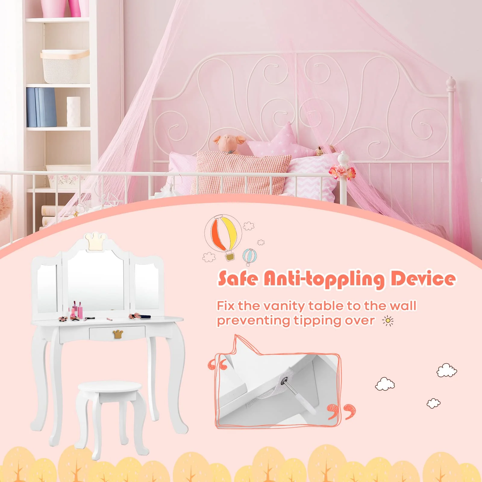 HONEY JOY 2-in-1 Kids Dressing Table & Stool Set, Toddler Wooden Vanity Table with Tri-Fold Mirror & Drawer - Image 3