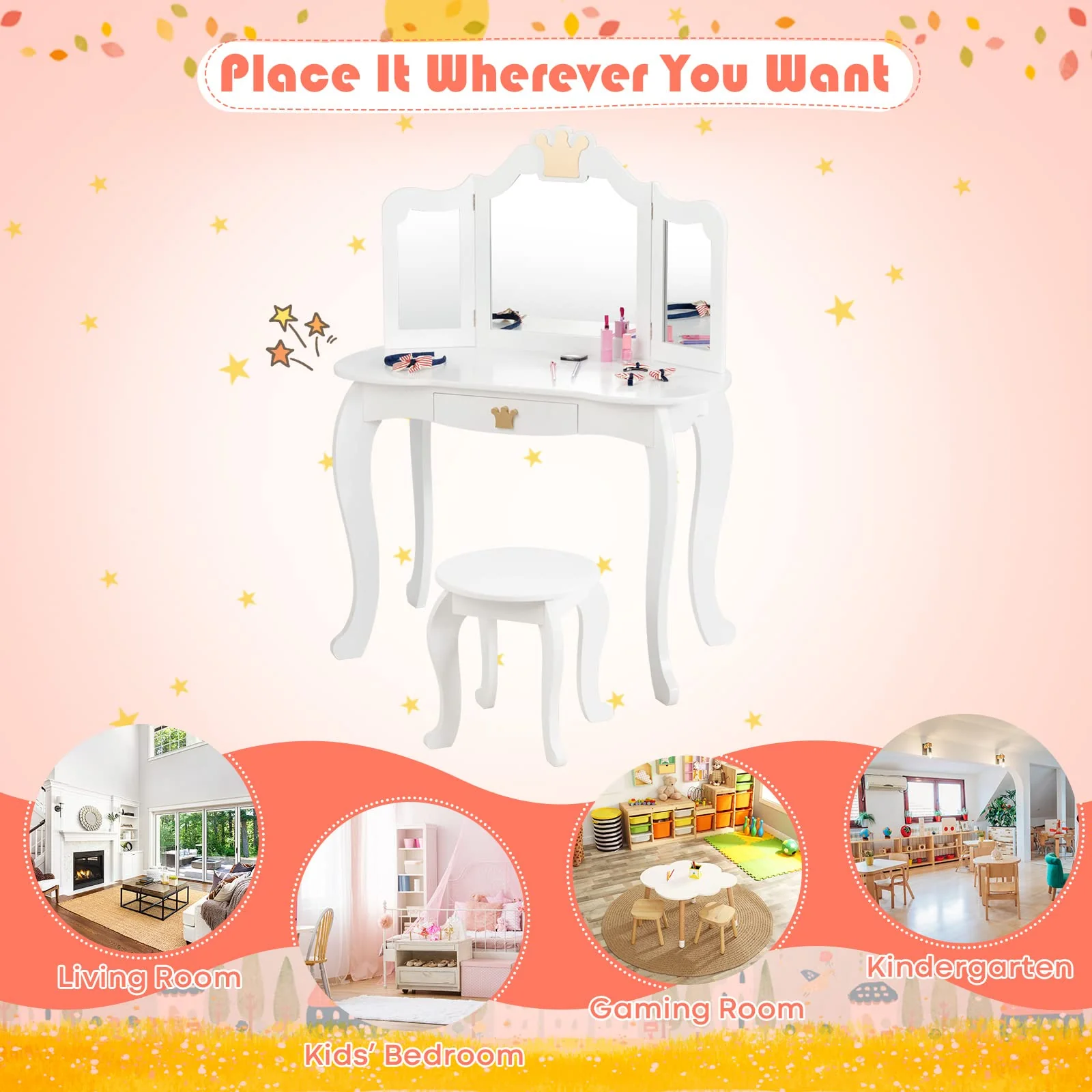HONEY JOY 2-in-1 Kids Dressing Table & Stool Set, Toddler Wooden Vanity Table with Tri-Fold Mirror & Drawer - Image 4