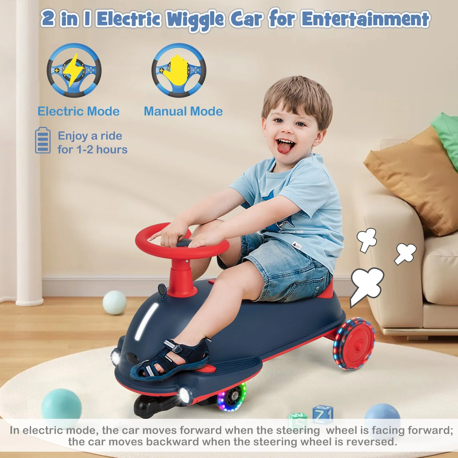 HONEY JOY 2 in 1 Kids Electric Wiggle Car, Ride On Drifting Wiggle Car for Children with Light up Wheels - Image 3