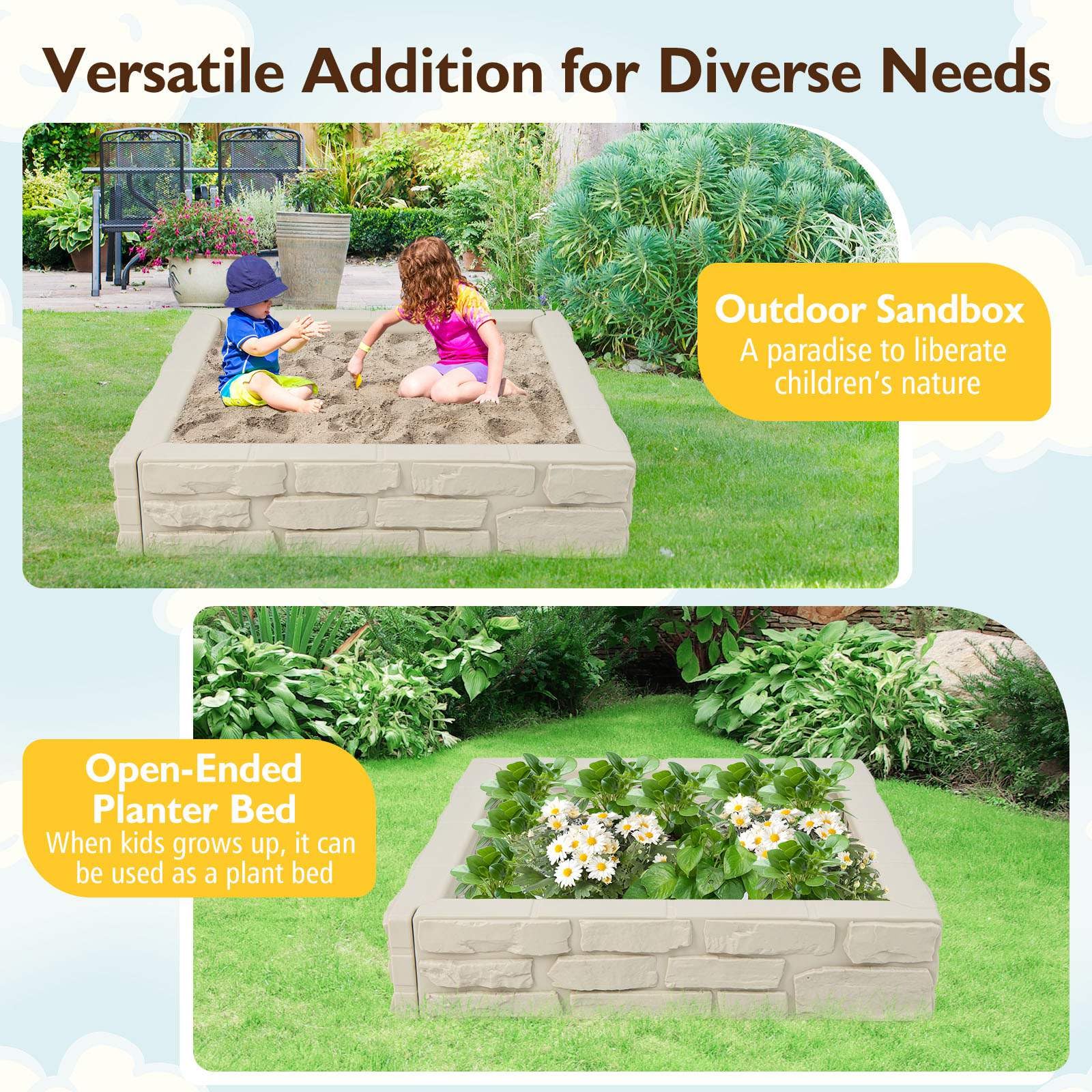 HONEY JOY 2-in-1 Kids Sandbox Outdoor Play HDPE Sandpit w/Waterproof Cover - Image 3