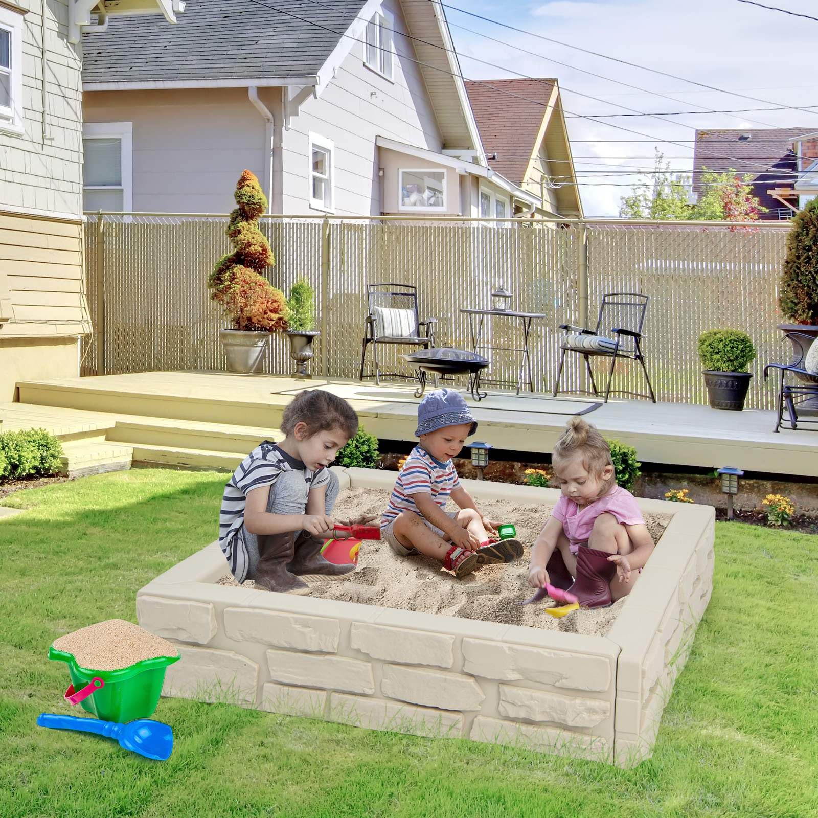 HONEY JOY 2-in-1 Kids Sandbox Outdoor Play HDPE Sandpit w/Waterproof Cover - Image 4
