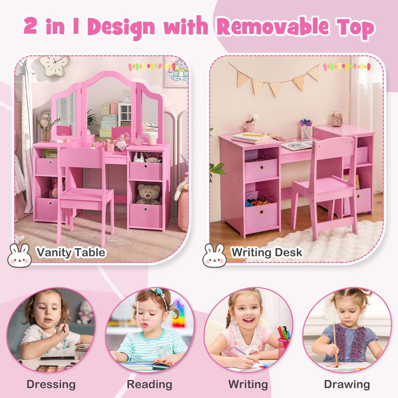 HONEY JOY 2 in 1 Kids Vanity Dressing Table Chair Makeup Tri-fold Mirror Shelves - Image 10