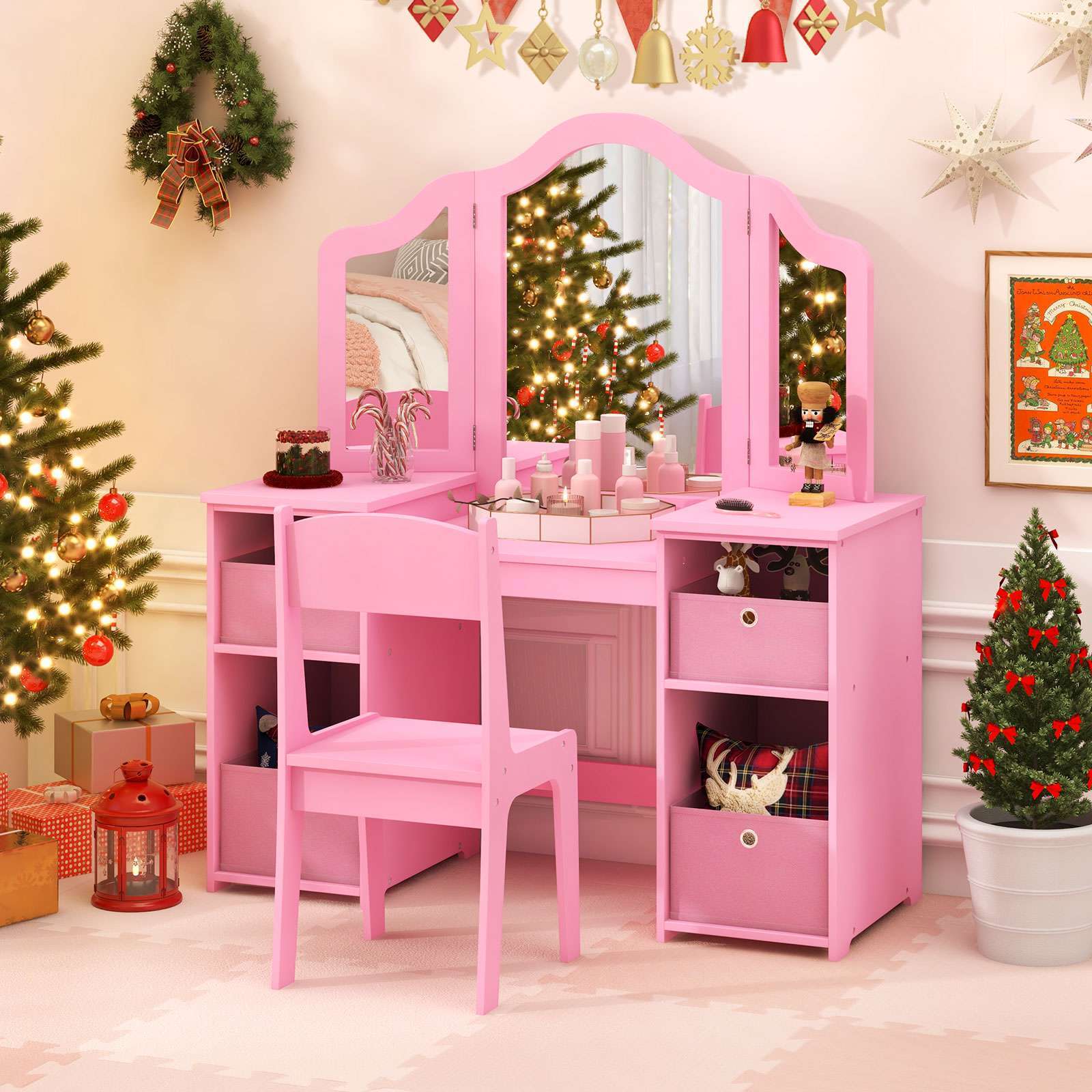 HONEY JOY 2 in 1 Kids Vanity Dressing Table Chair Makeup Tri-fold Mirror Shelves - Image 2