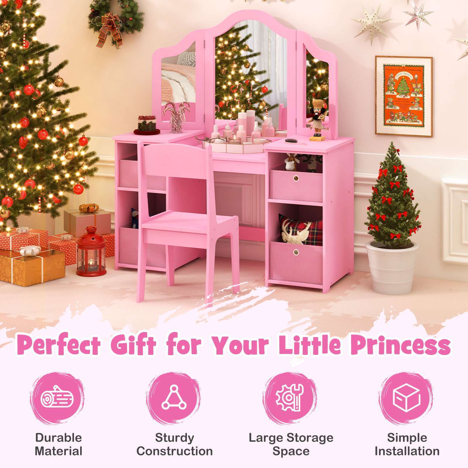 HONEY JOY 2 in 1 Kids Vanity Dressing Table Chair Makeup Tri-fold Mirror Shelves - Image 3