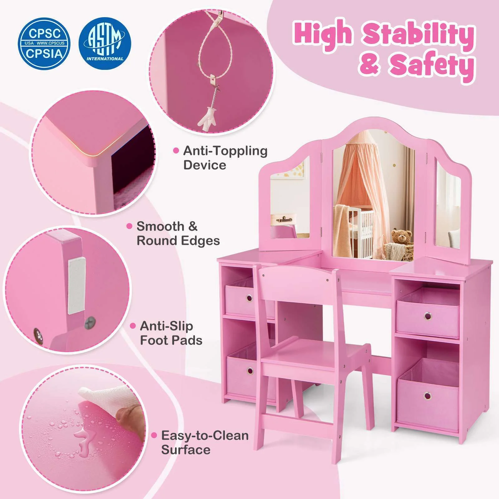 HONEY JOY 2 in 1 Kids Vanity Dressing Table Chair Makeup Tri-fold Mirror Shelves - Image 4
