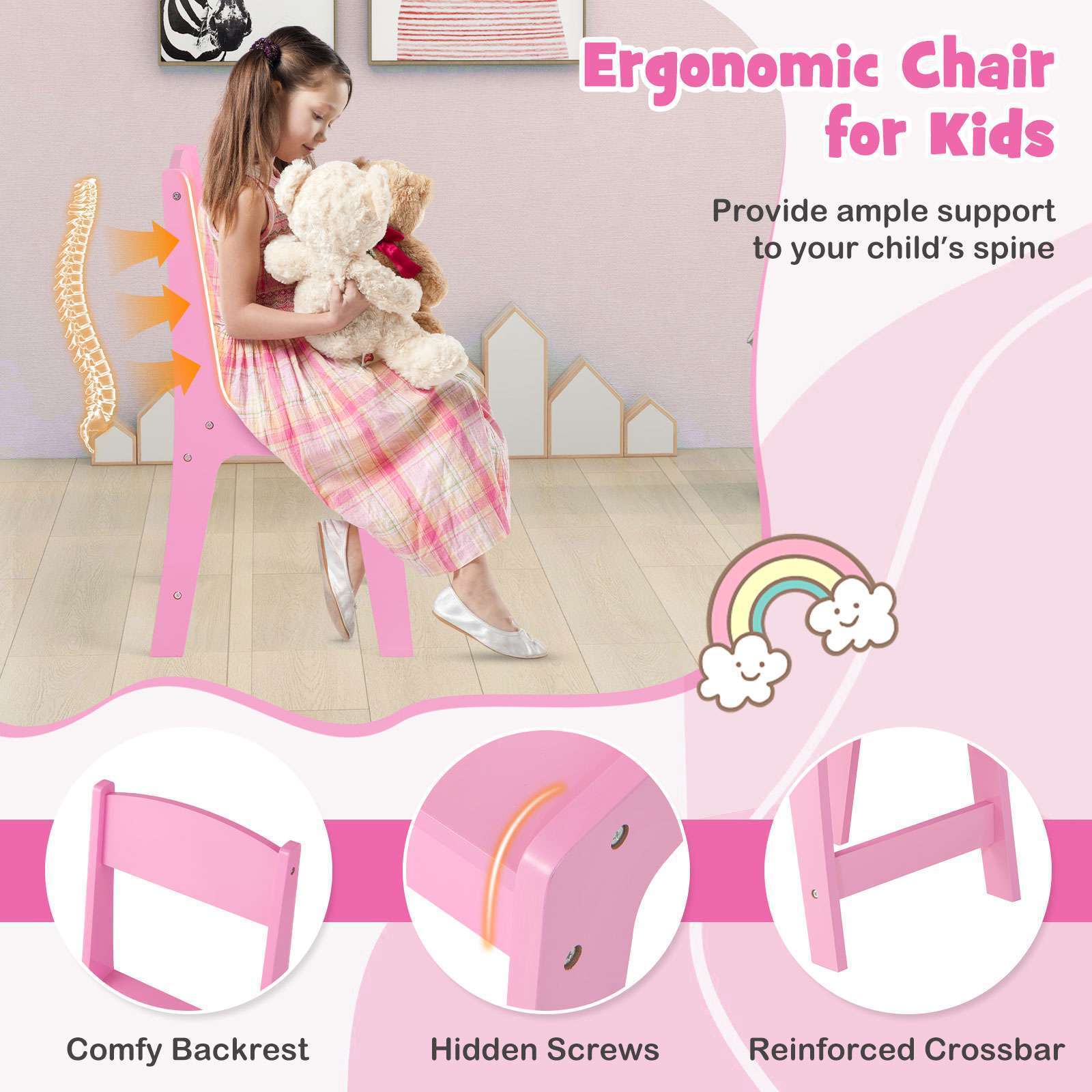 HONEY JOY 2 in 1 Kids Vanity Dressing Table Chair Makeup Tri-fold Mirror Shelves - Image 5
