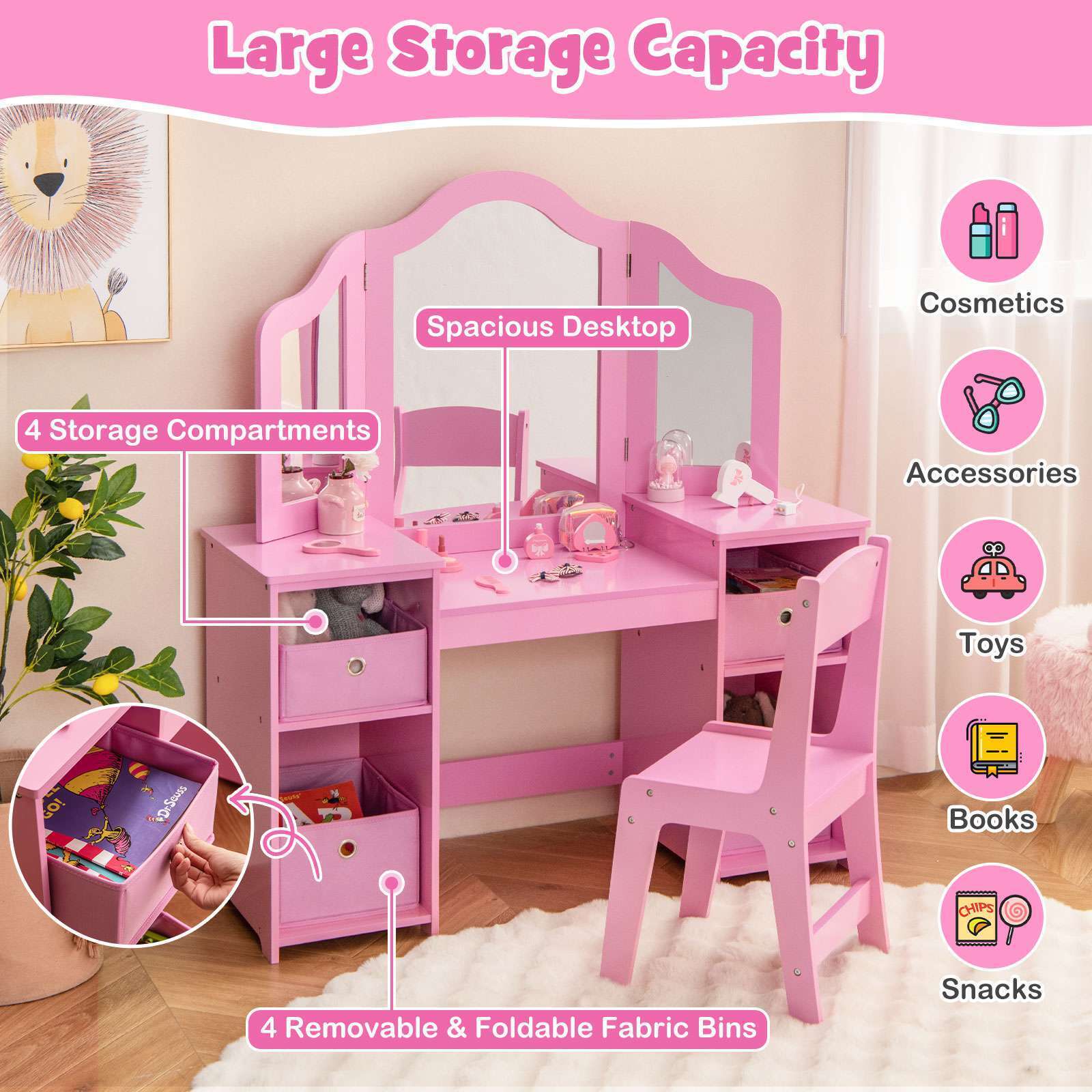 HONEY JOY 2 in 1 Kids Vanity Dressing Table Chair Makeup Tri-fold Mirror Shelves - Image 6